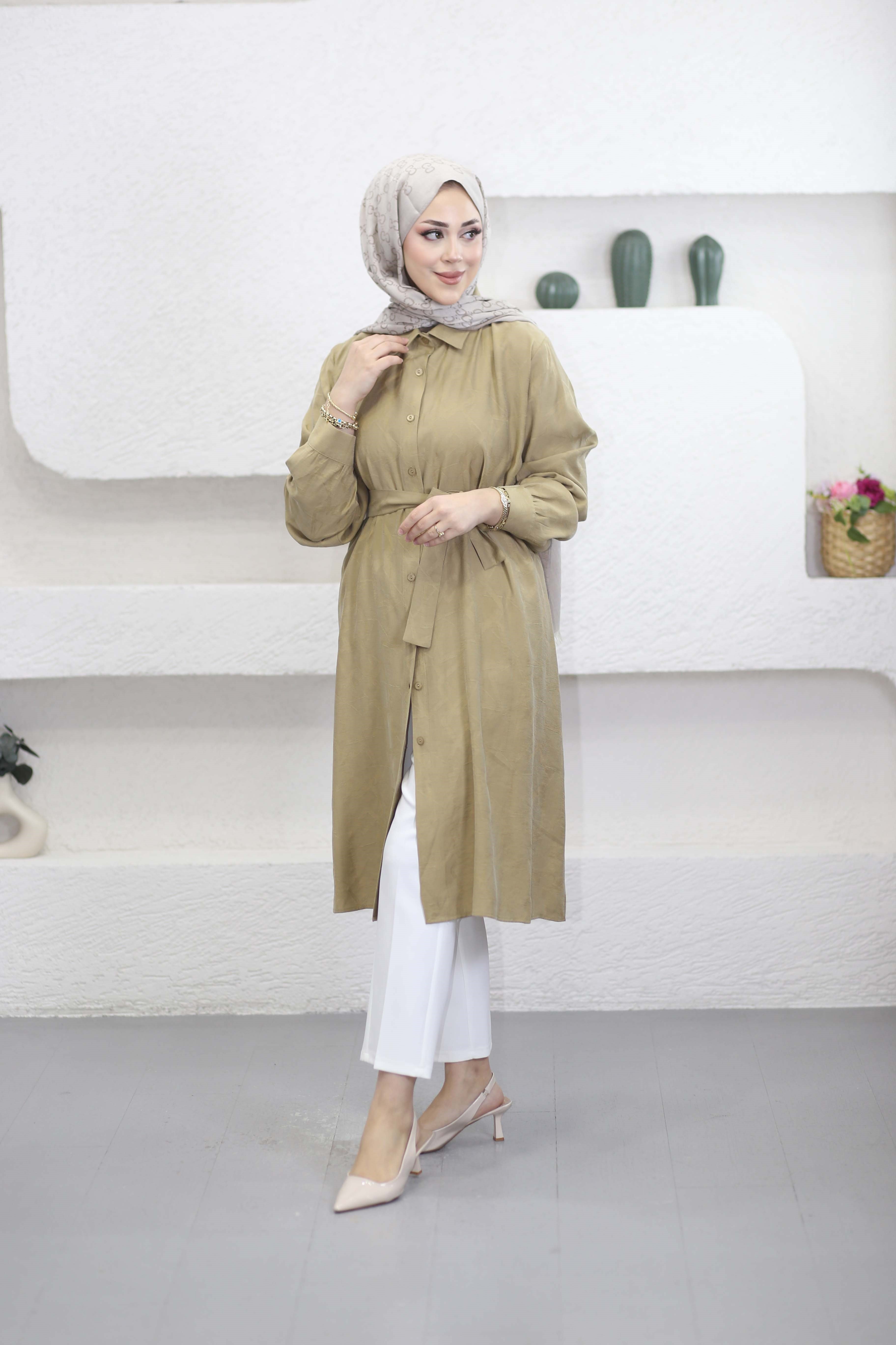 Kendinden Desenli Araboy Tunik Olivie 4657
