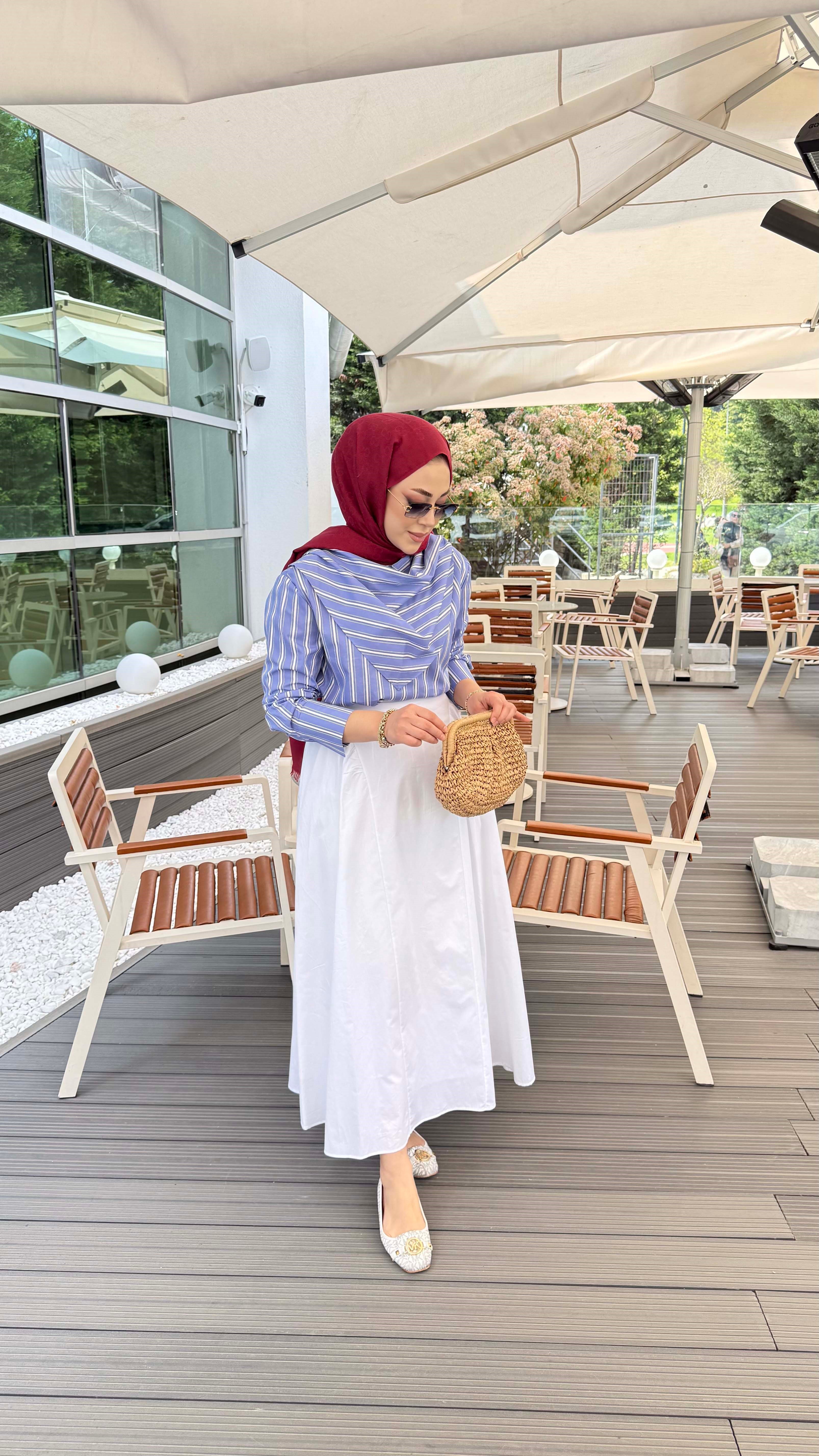 Yaka Fularlı Çizgili Tunik Mavi 26128