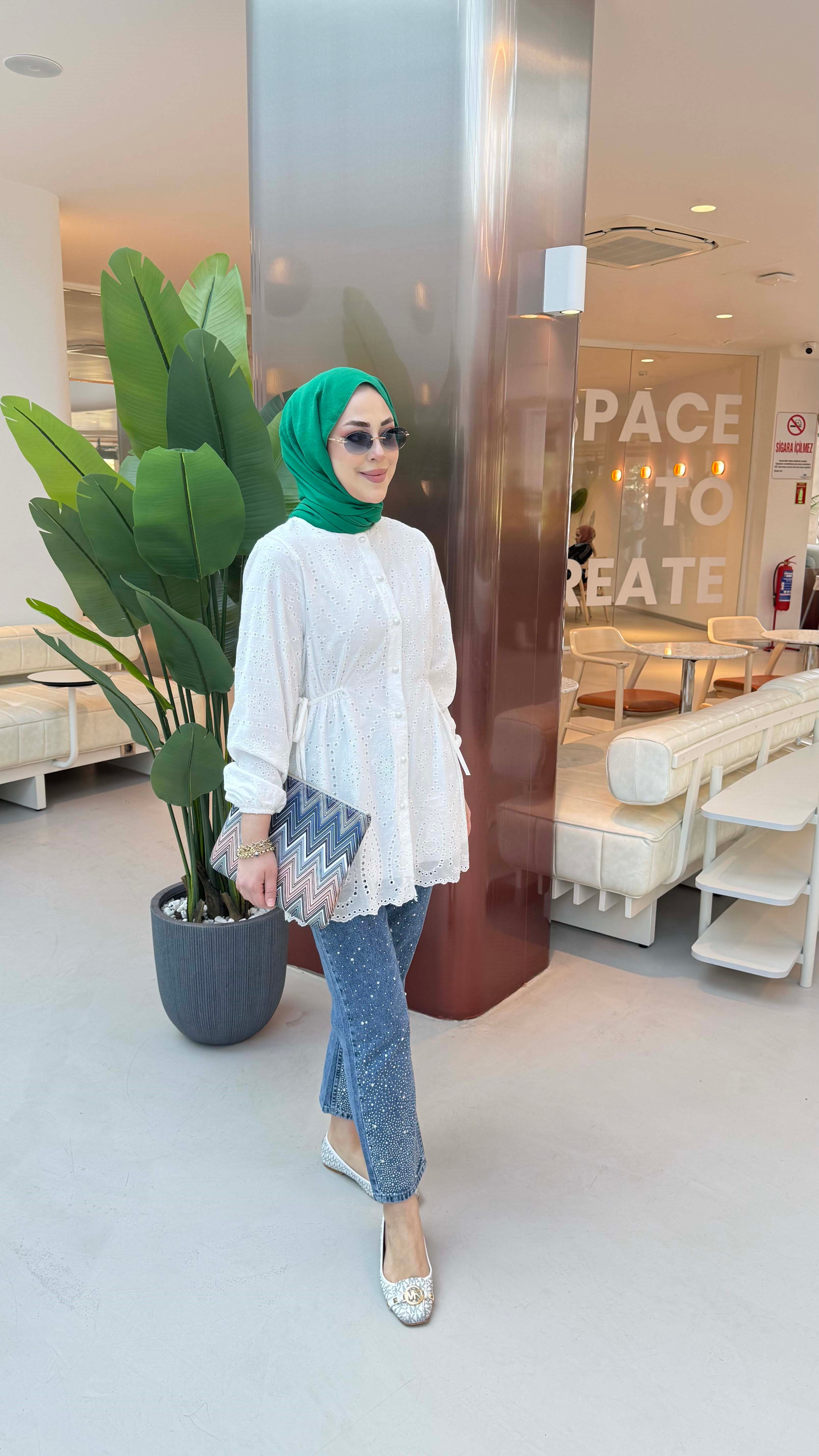 Lazer Kesim Güpür Gömlek Beyaz 7015