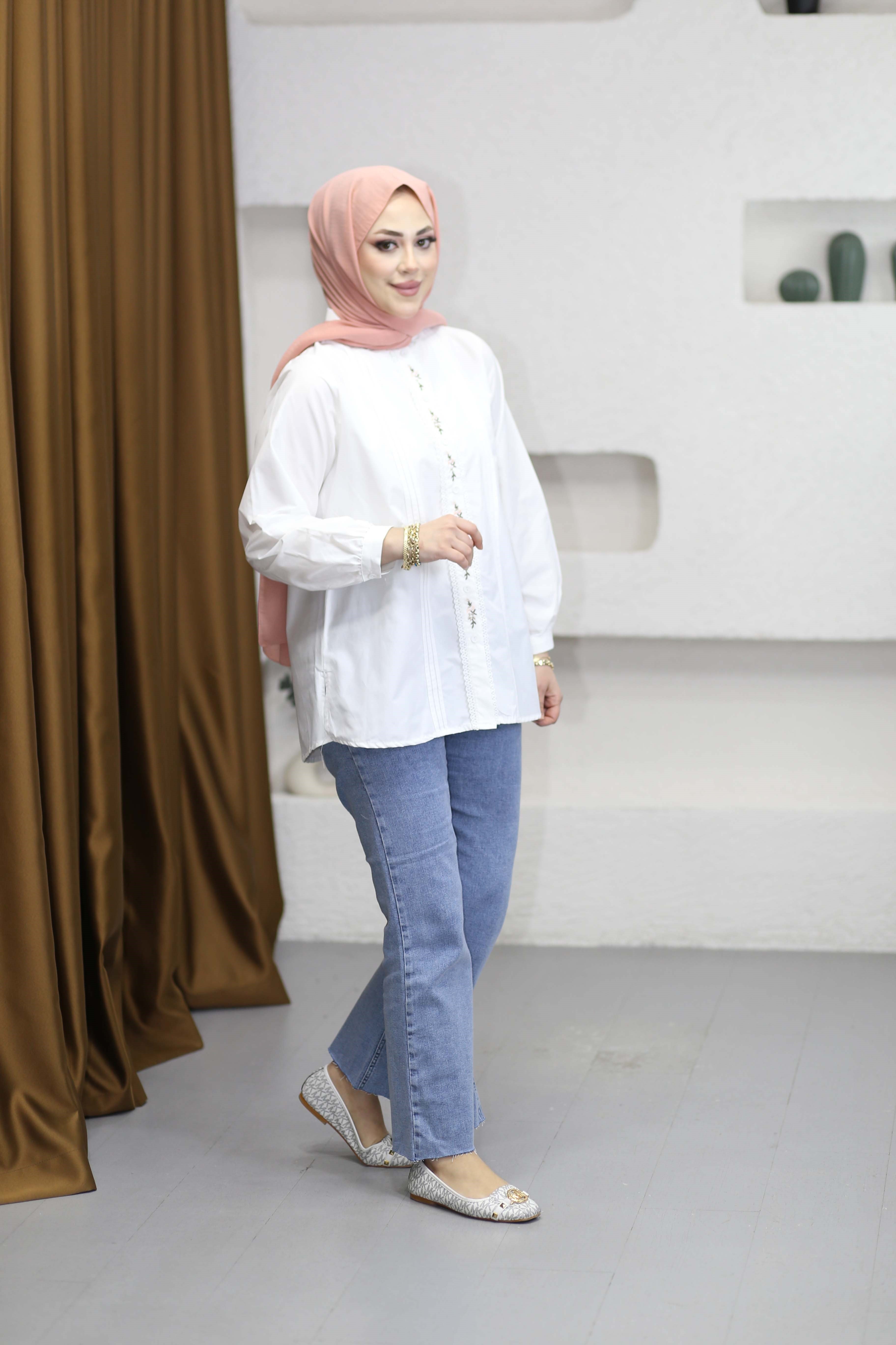 Nakış Detaylı Vintage Gömlek Beyaz 260134