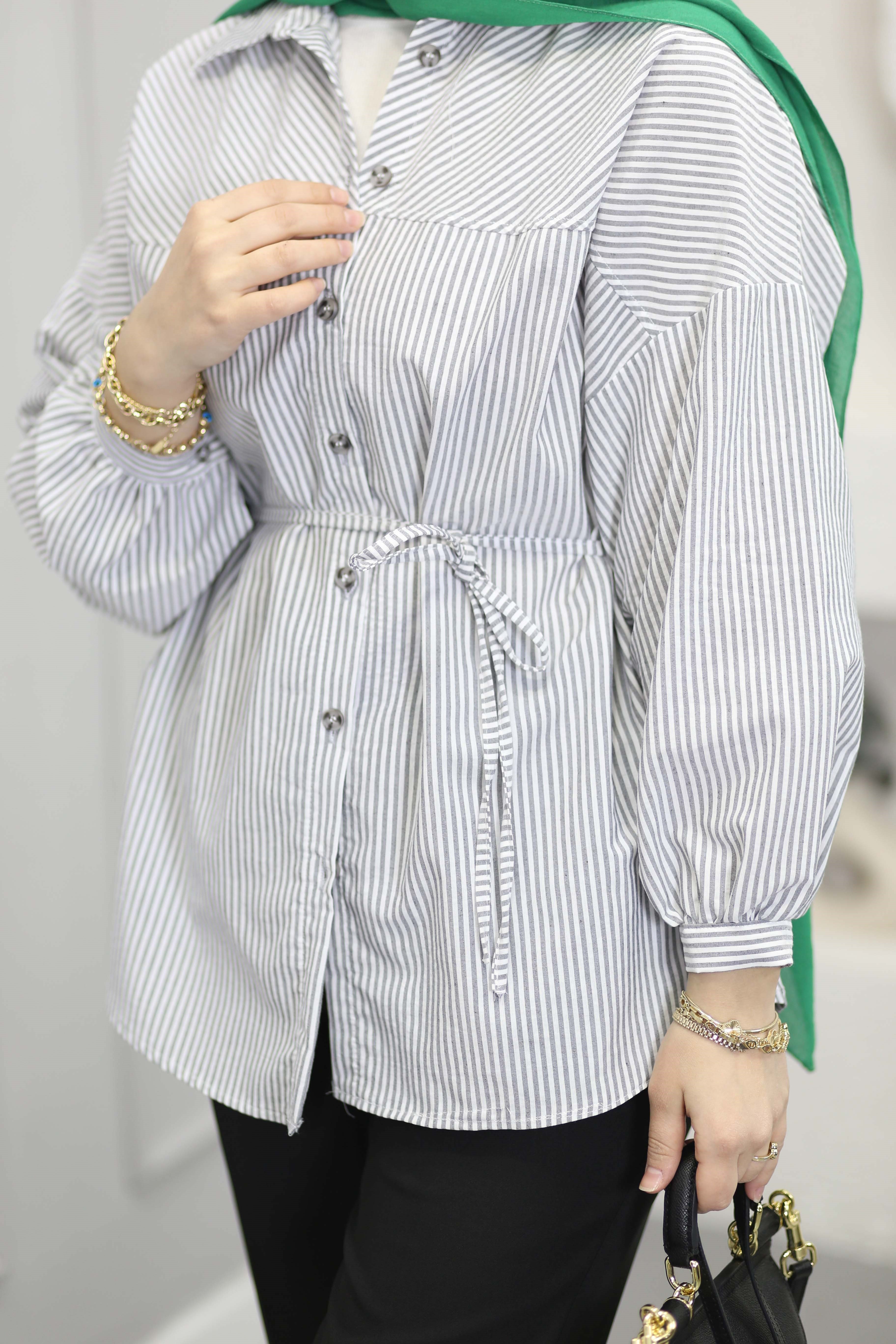 Kuşaklı Oversize Basıc Gömlek Füme 6446