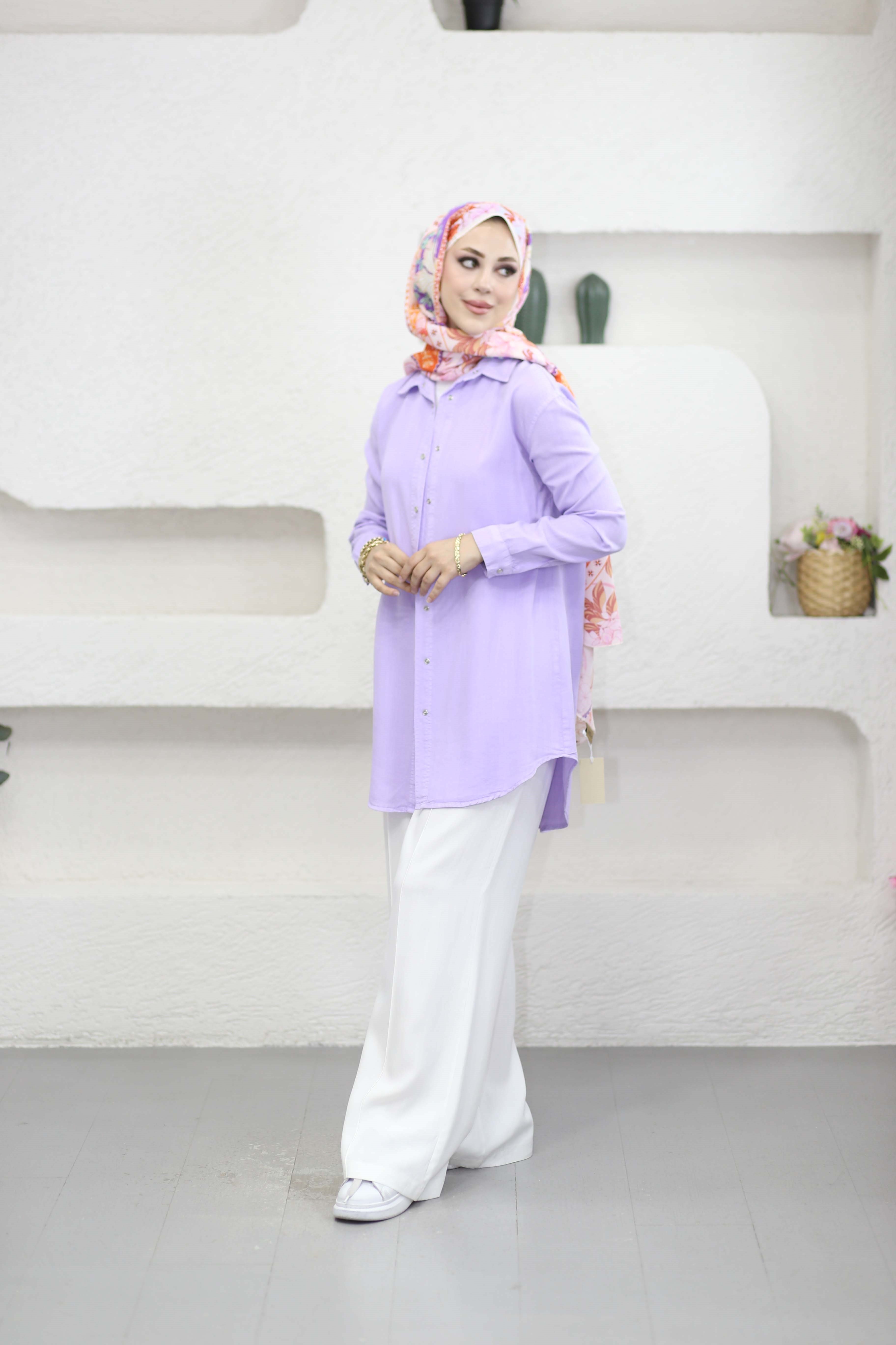Çıtçıtlı Tencel Gömlek Lila 7546