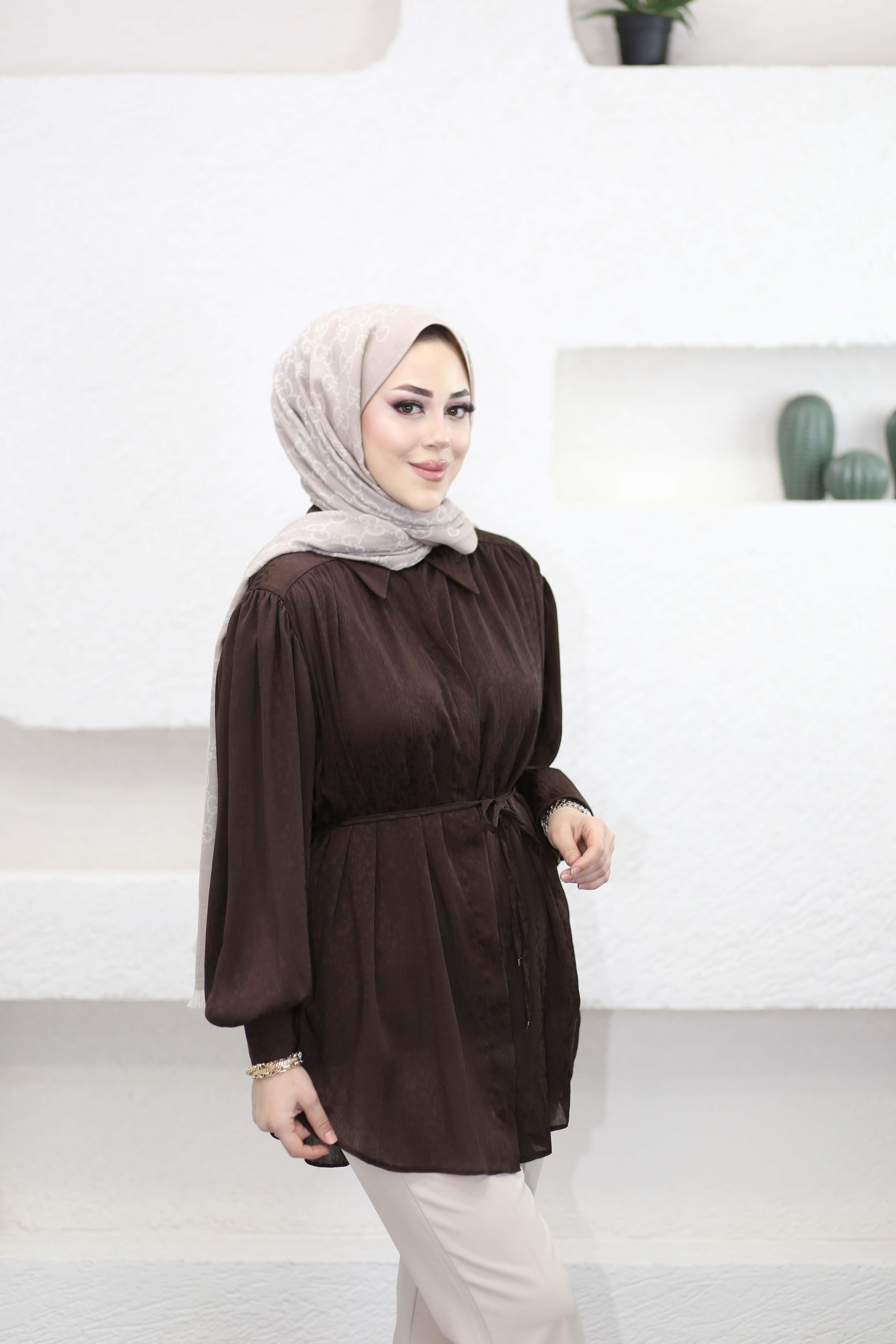 Büzgülü Yarya Şifon Gömlek Kahverengi 8316