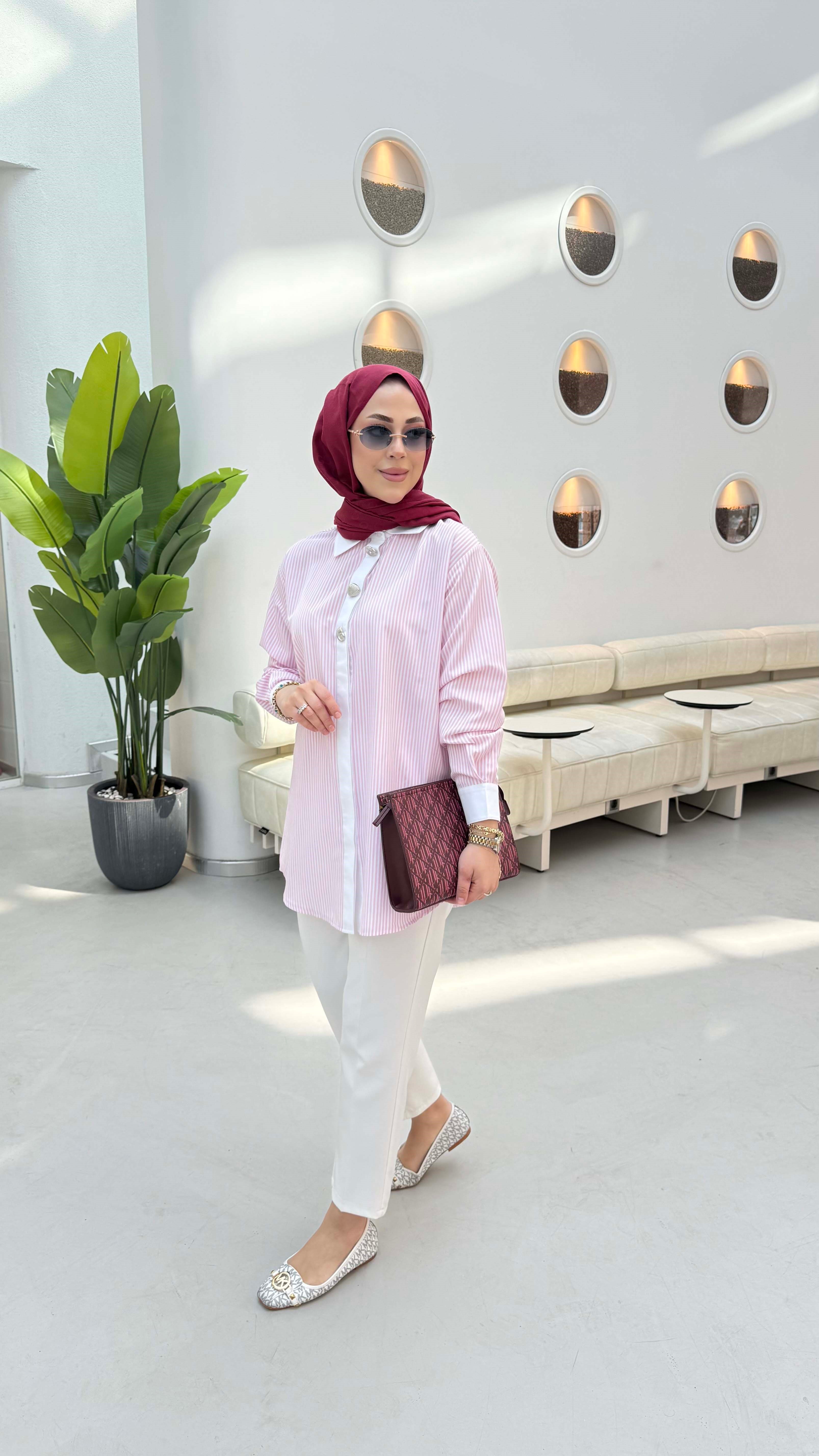 Çizgili Düğmeli Gömlek Pembe 1520