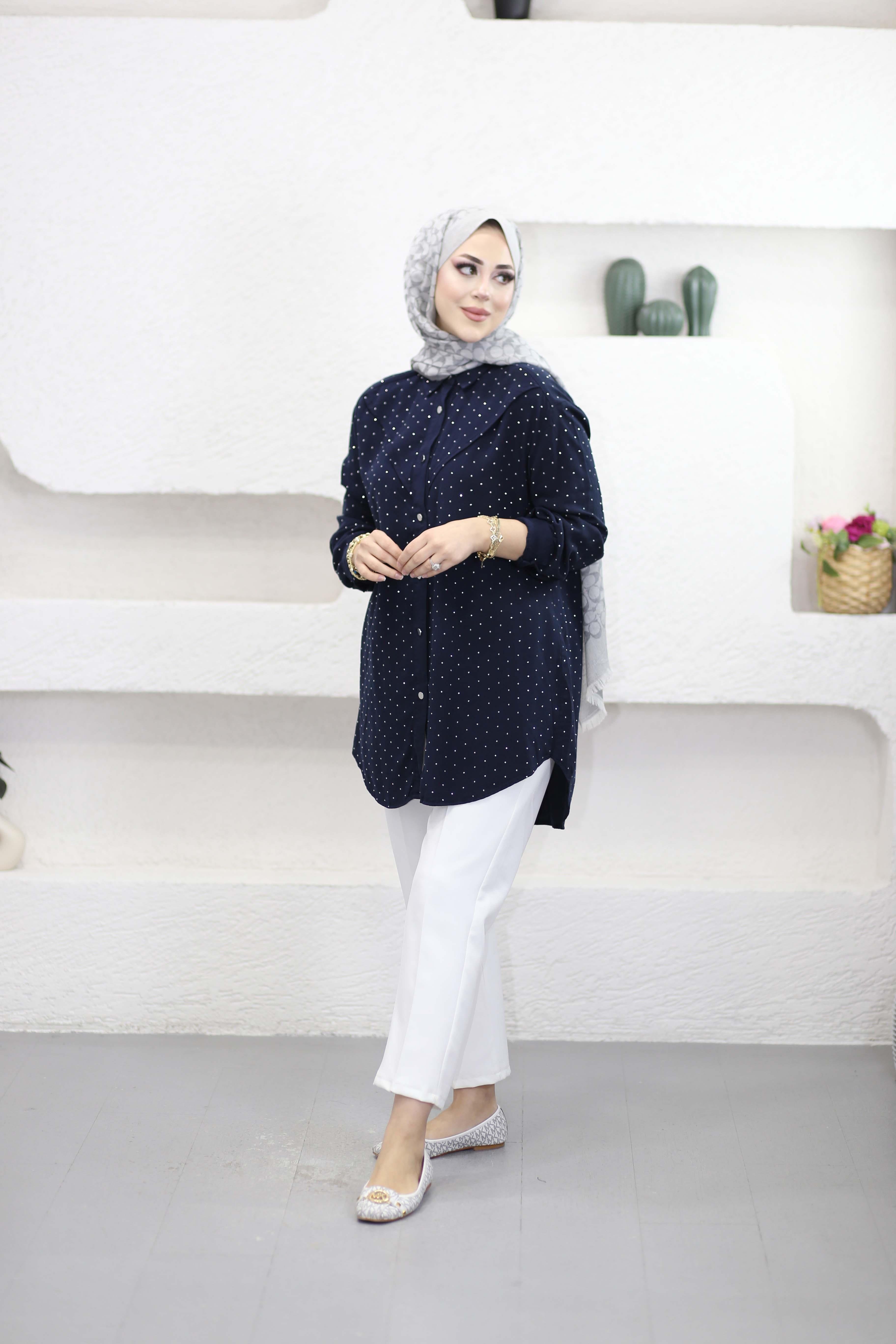 Taşlı Tencel Gömlek Lacivert 7421