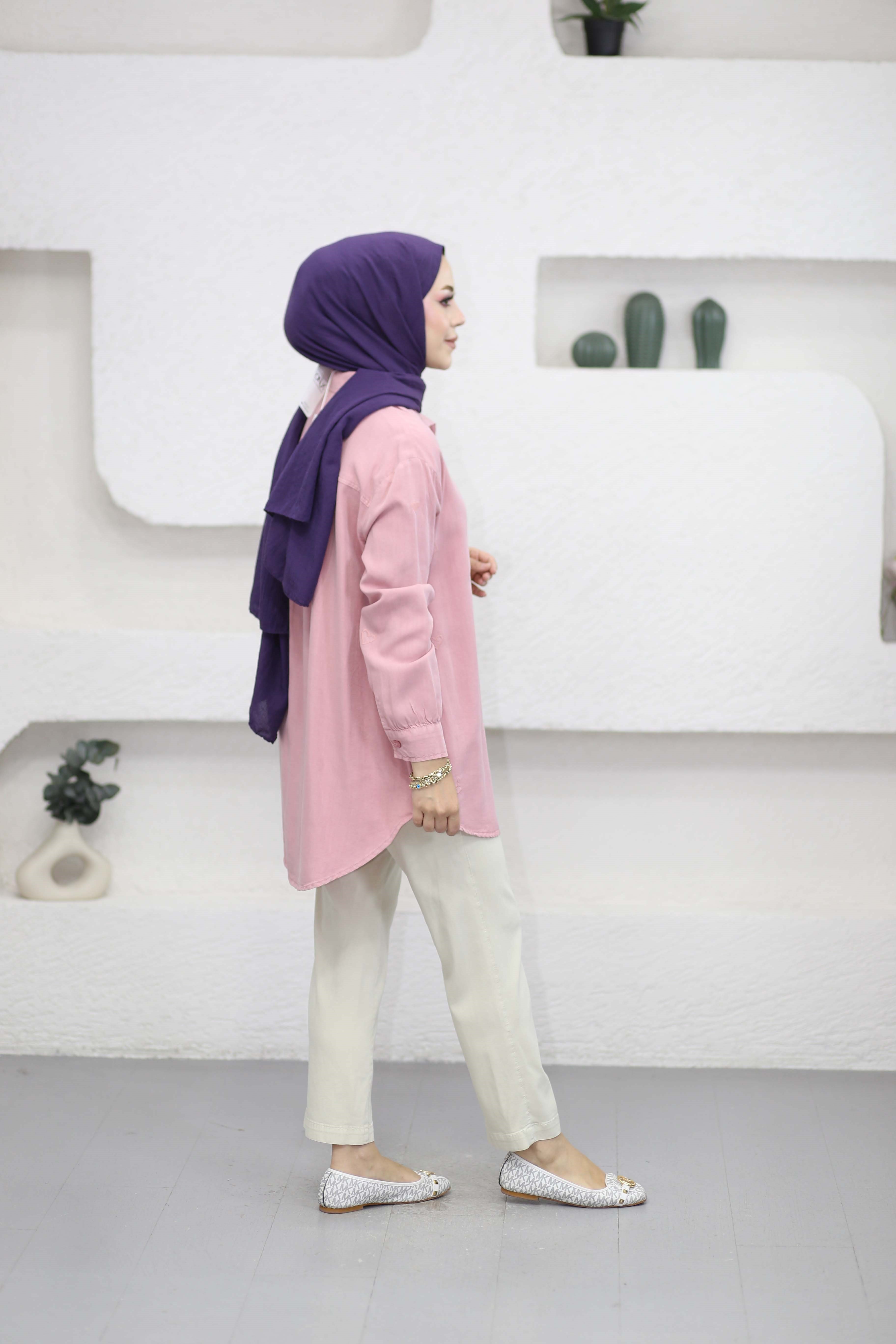 Mini Kalpli Tencel Gömlek Pembe 7463