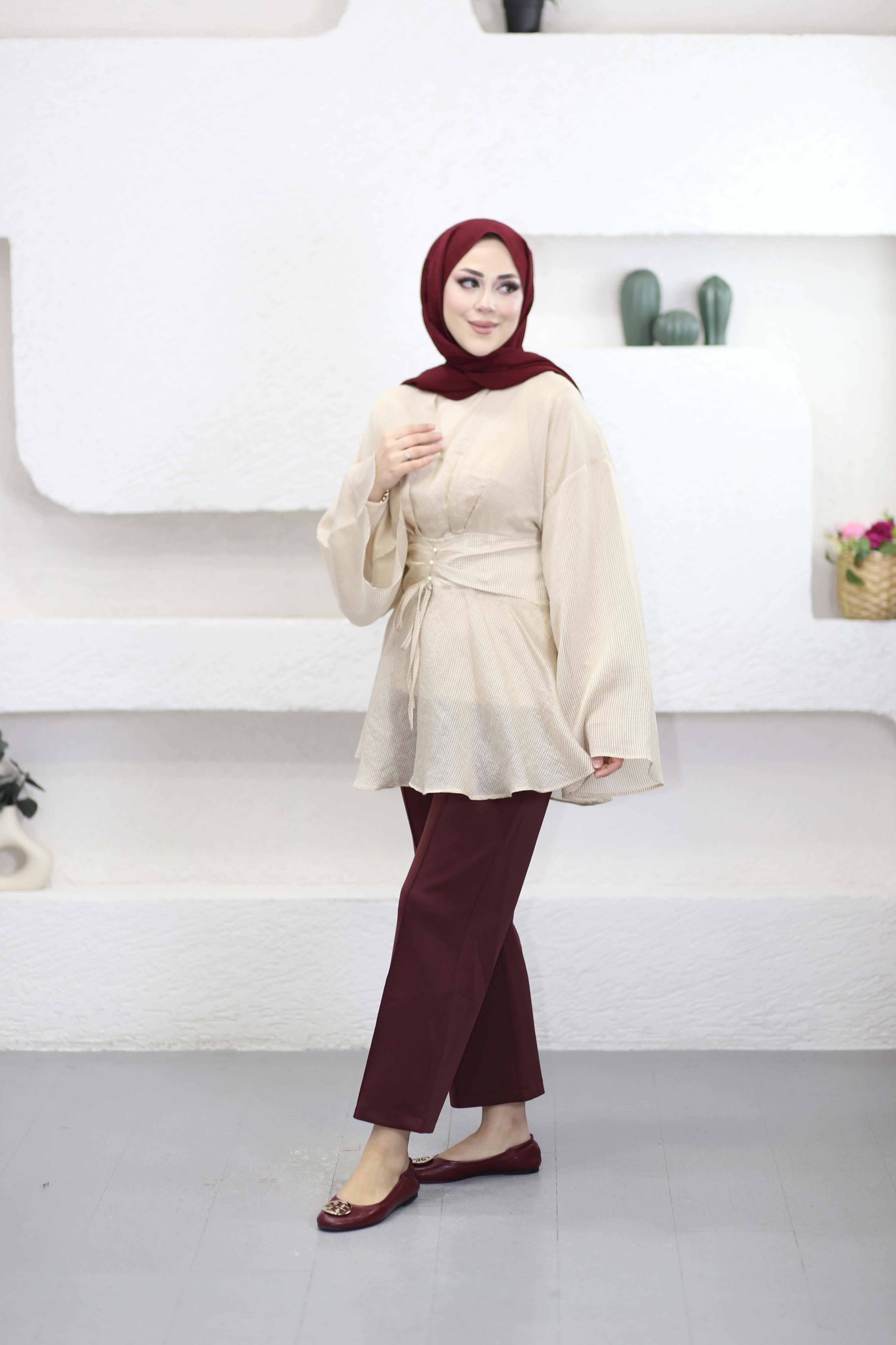 Çizgili Tencel İçlikli Gömlek Bordo 26014
