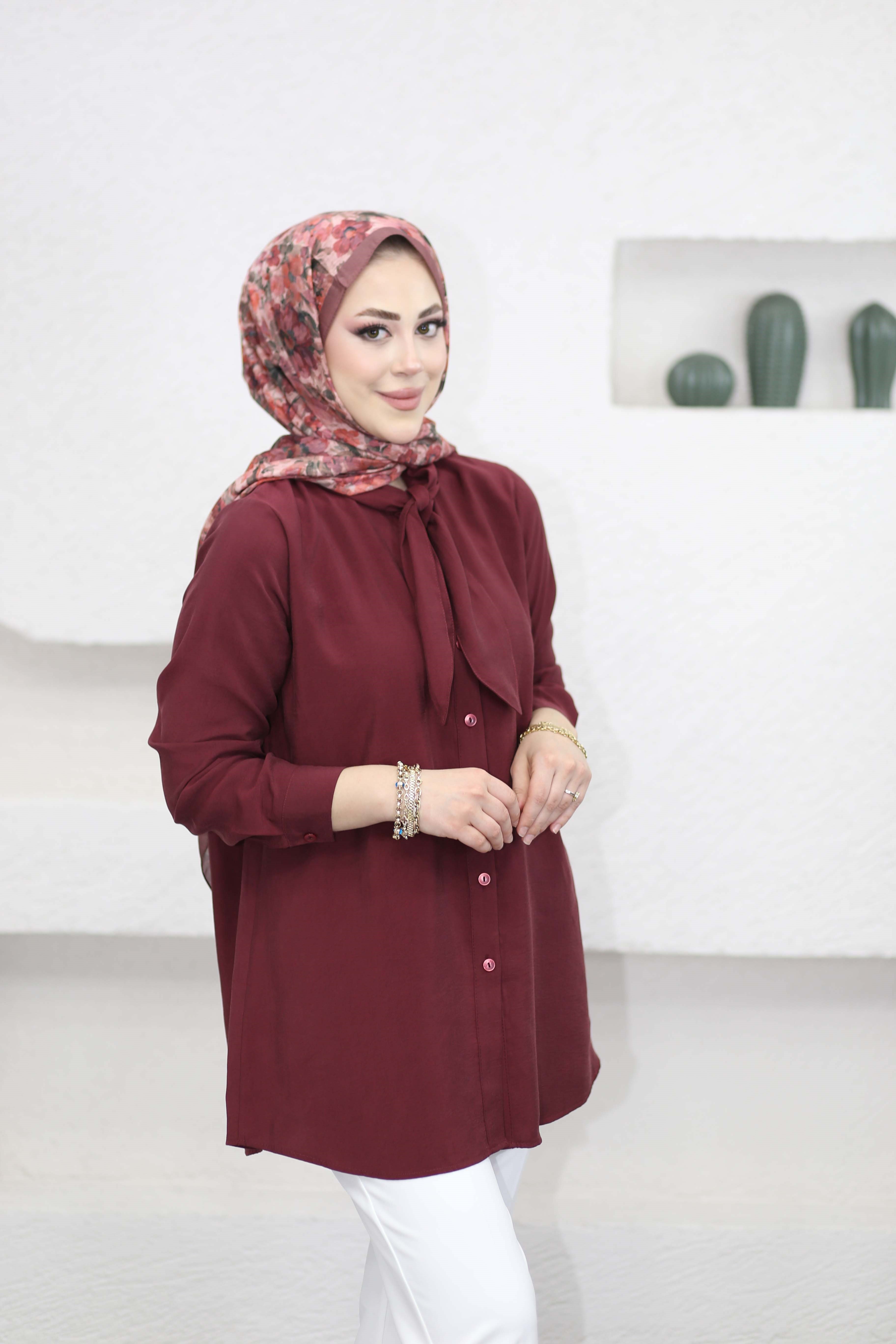 Yakası Fularlı Modal Tunik Bordo 2145