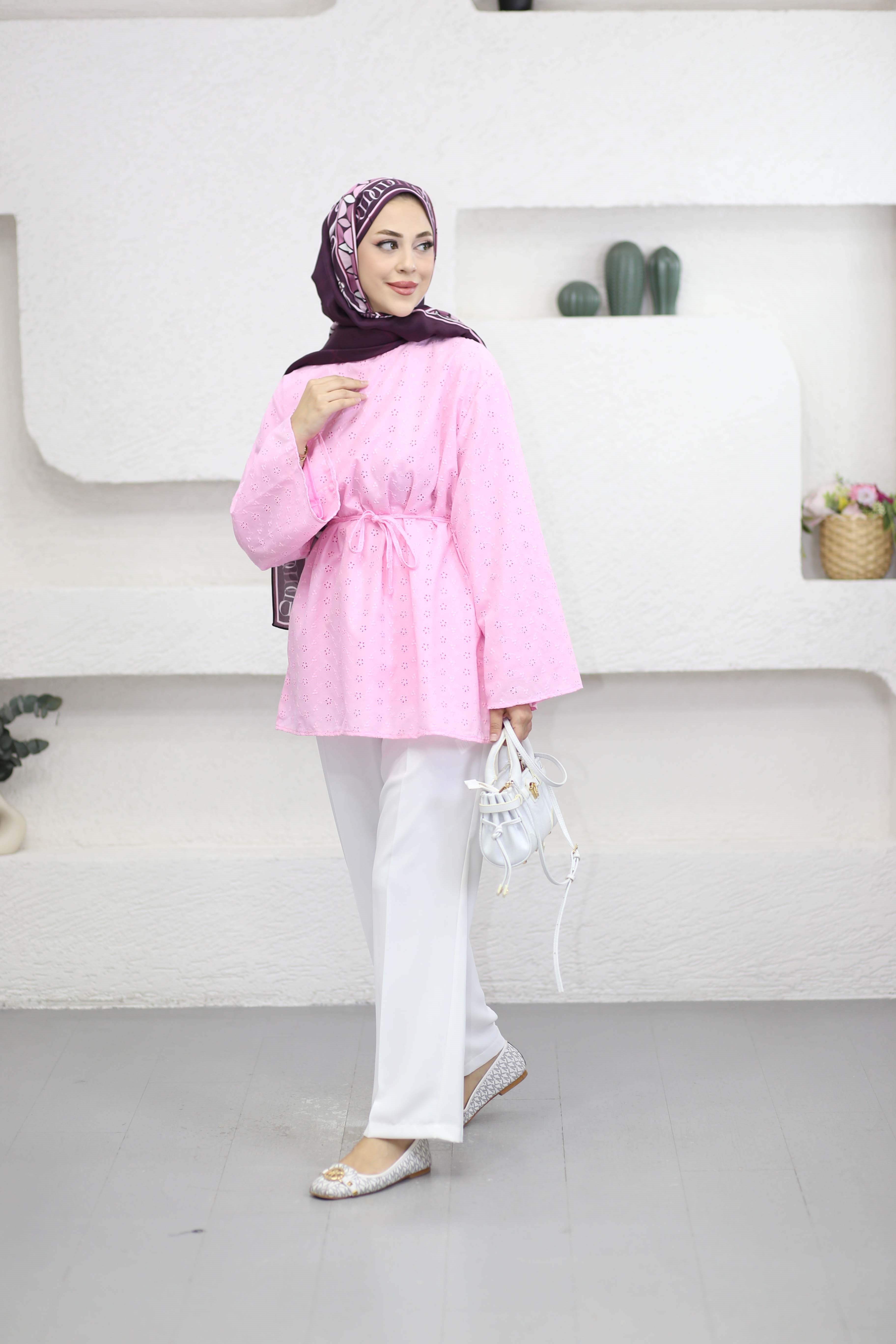 Mini Çiçek İşlemeli Gömlek Pembe 26278