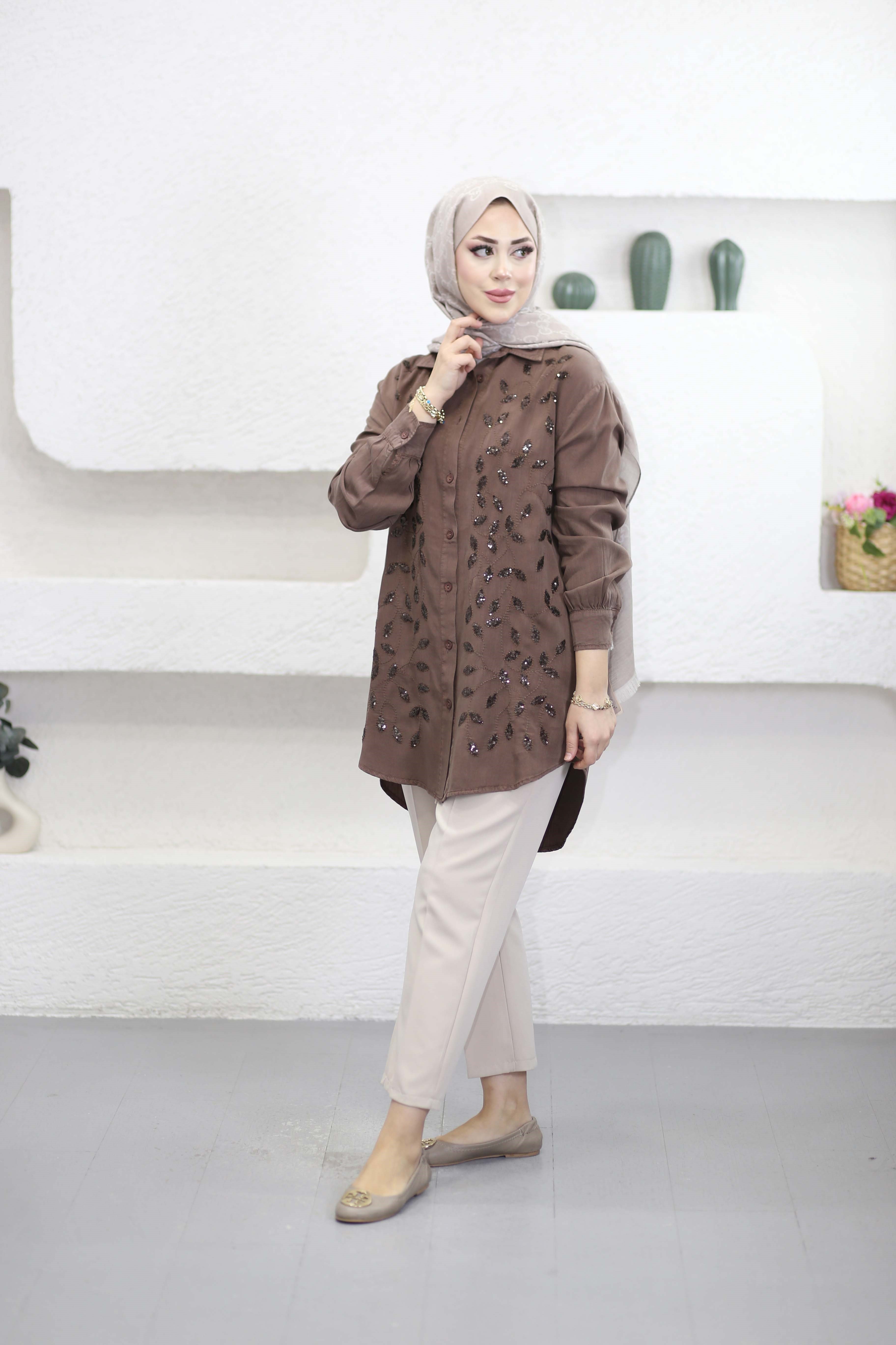 Yaprak İşlemeli Tencel Gömlek Kahverengi 7504