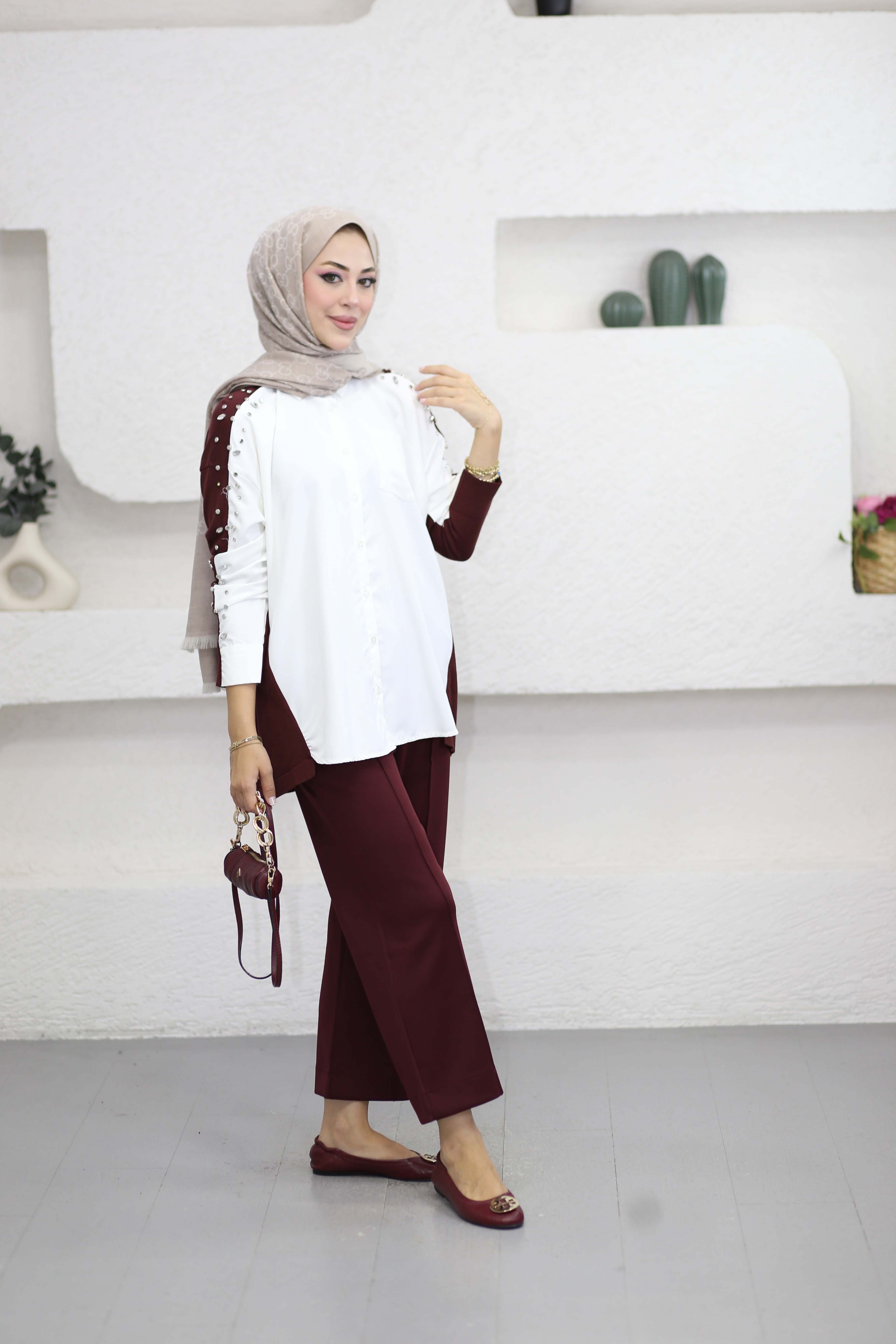 Kolu Taş Zımbalı Gömlek Bordo 26256