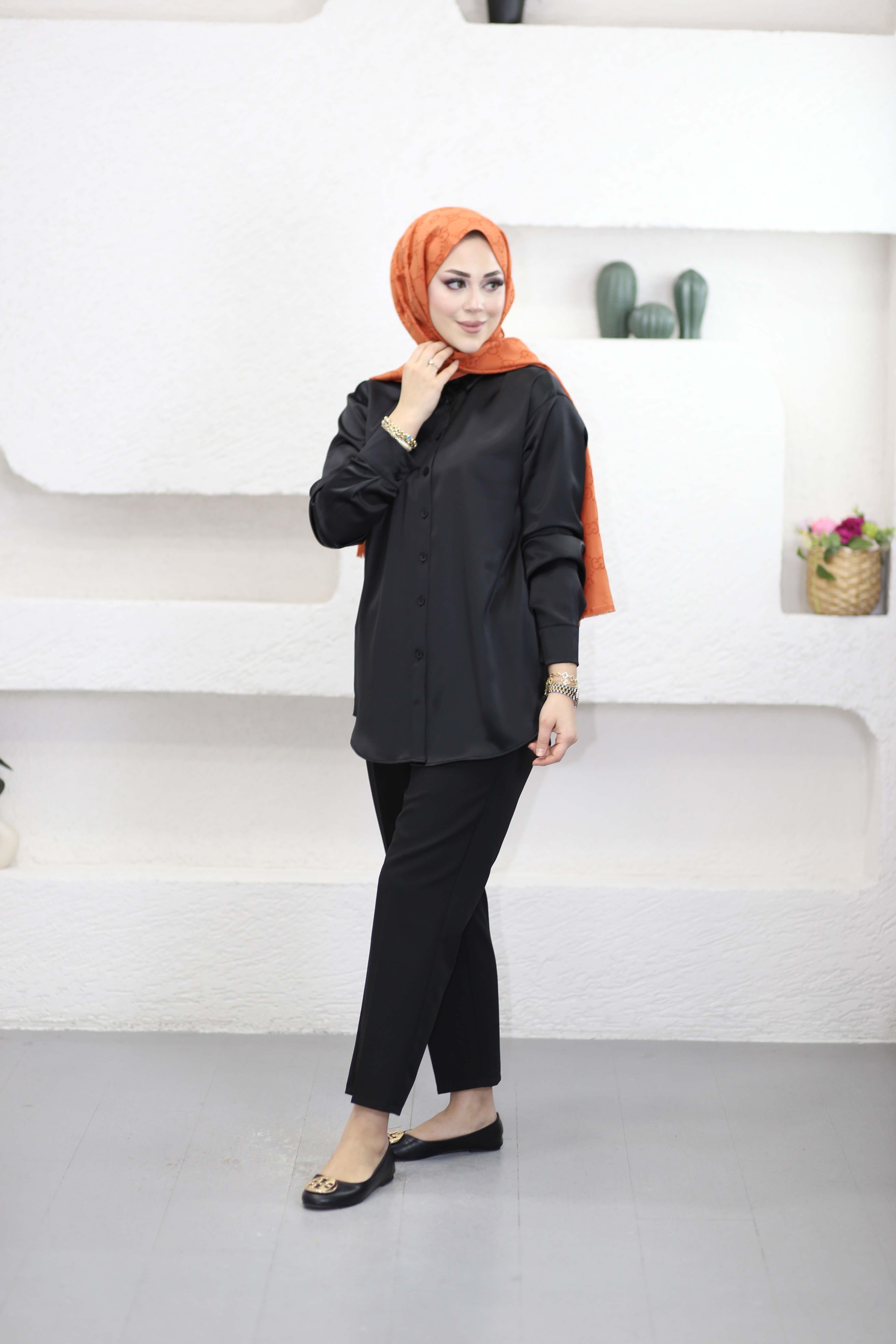 Oversize Saten Gömlek Siyah 2749