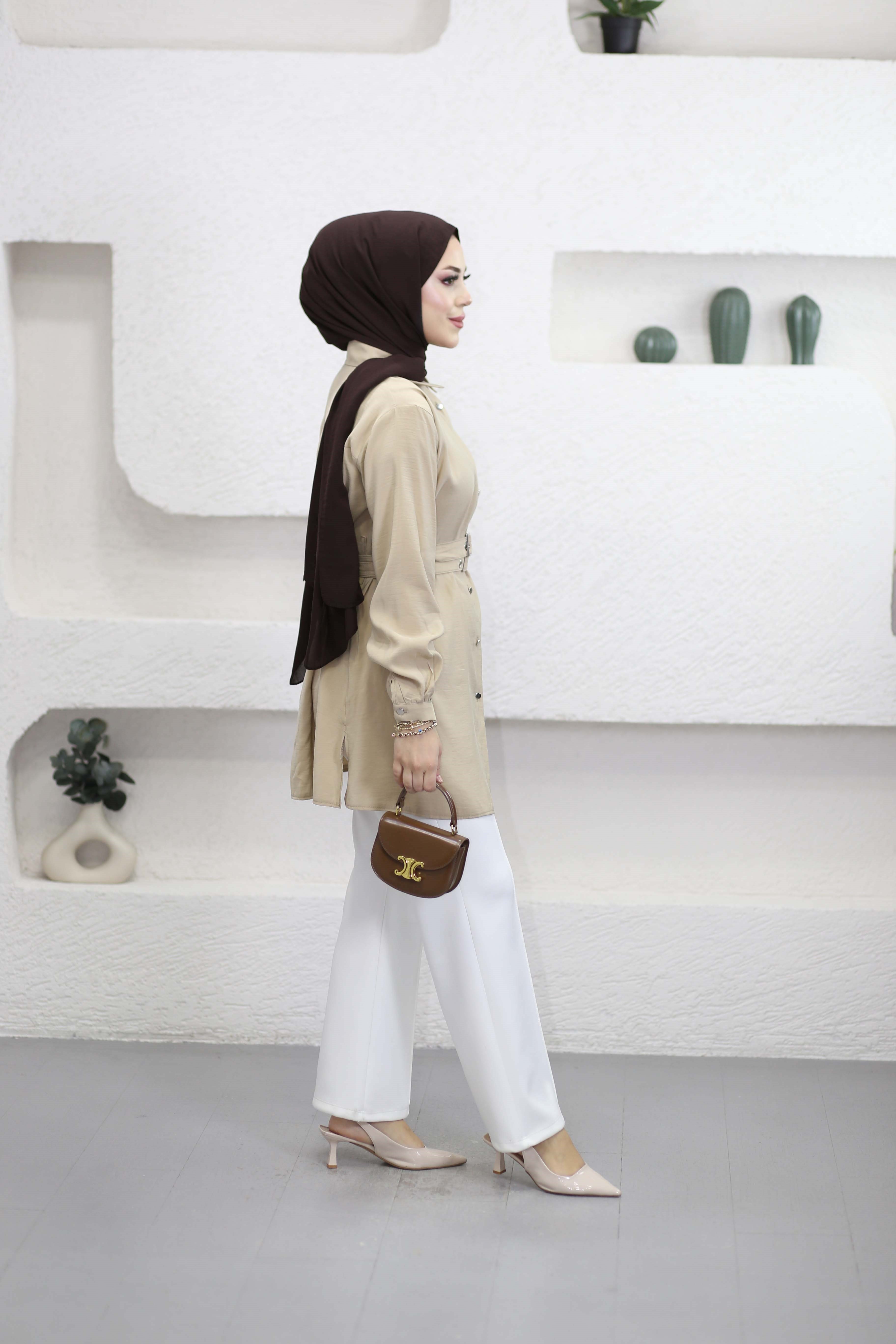 Çift Kemerli Modal Tunik Camel 2121