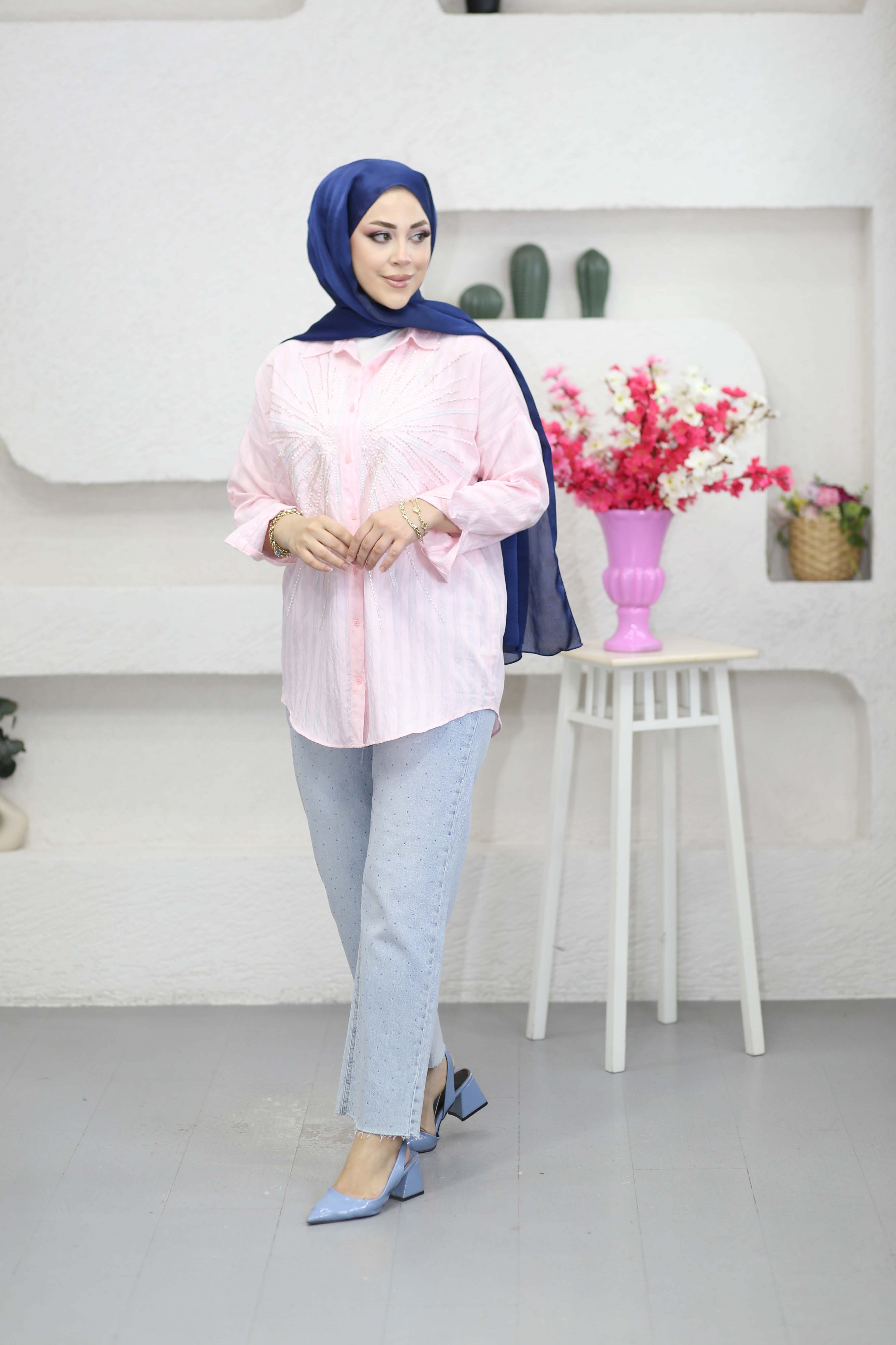 Mery Nakışlı Gömlek Pembe 5202