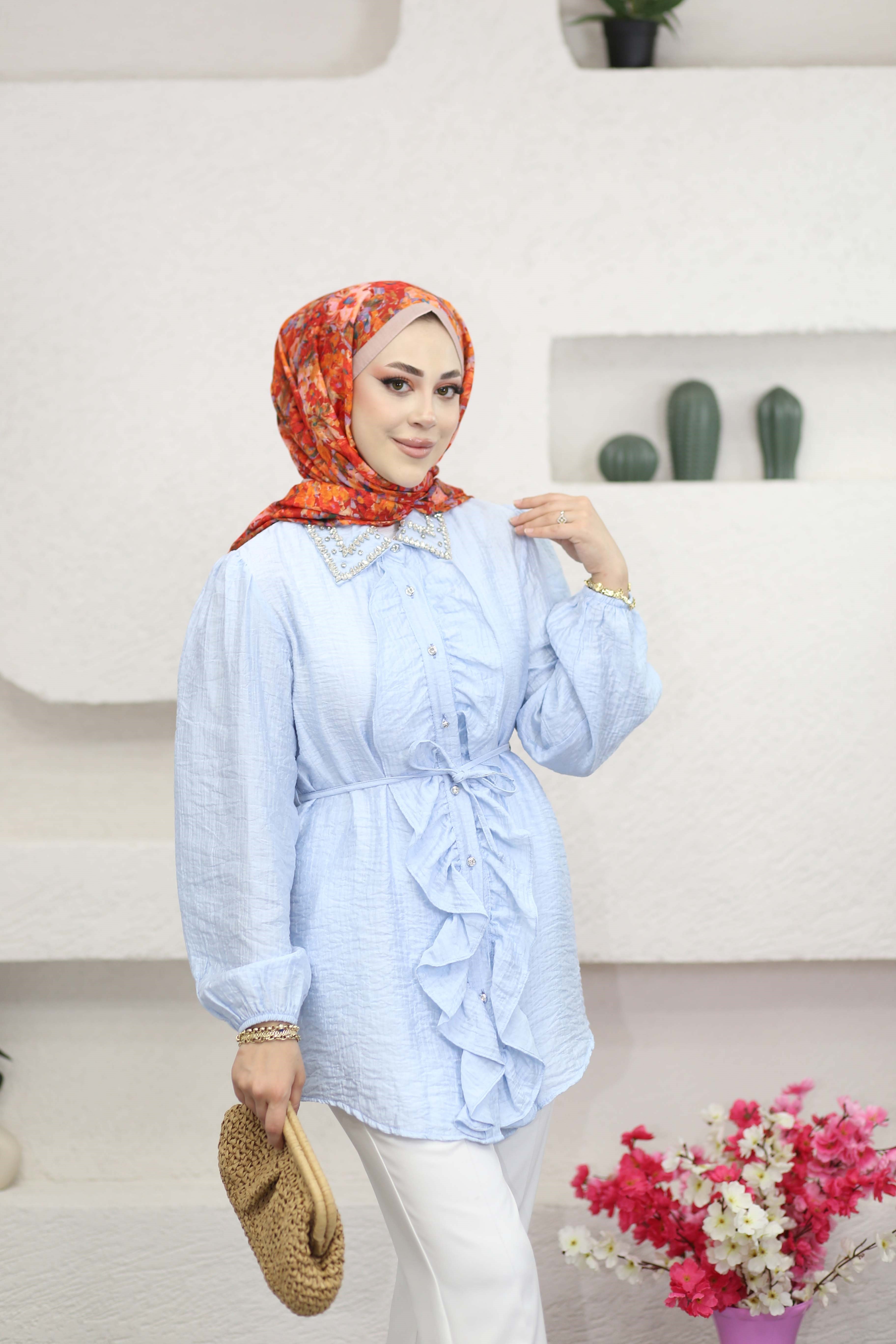 Taş Yaka Fırfırlı Gömlek Mavi 130324