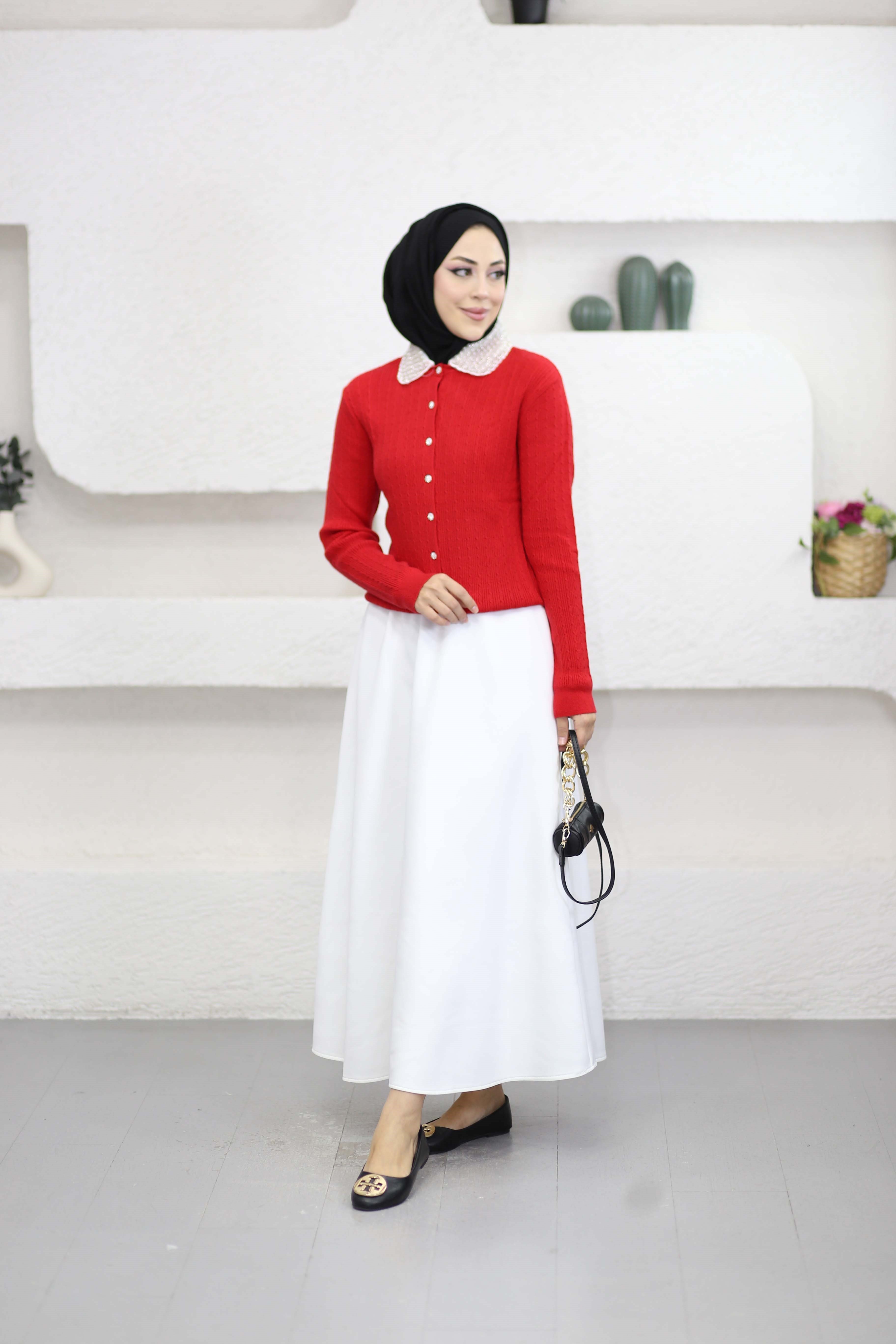 Yakası Taşlı Fitilli Hırka Kırmızı 140707