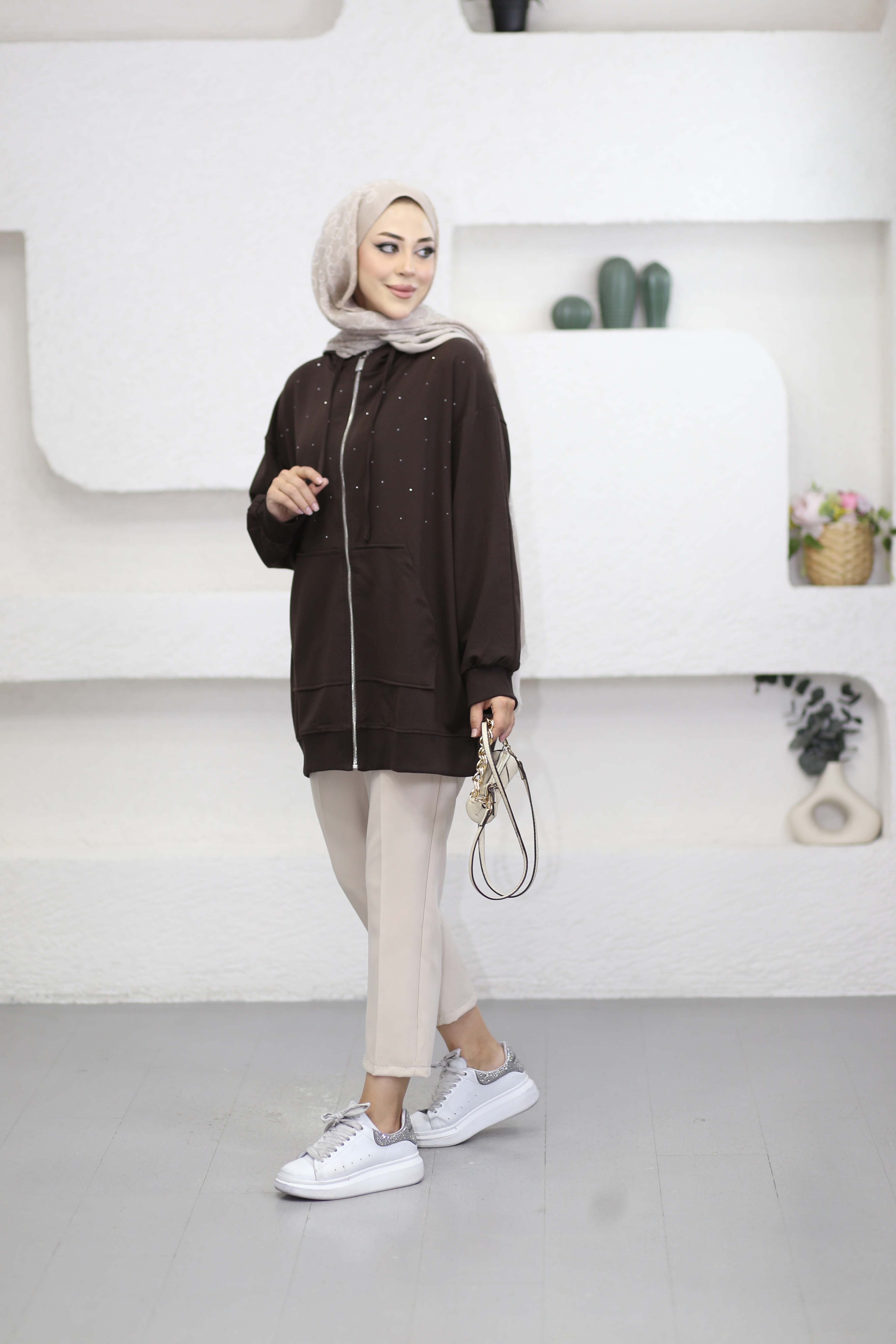 Serpme Taşlı Hırka Kahverengi 3449