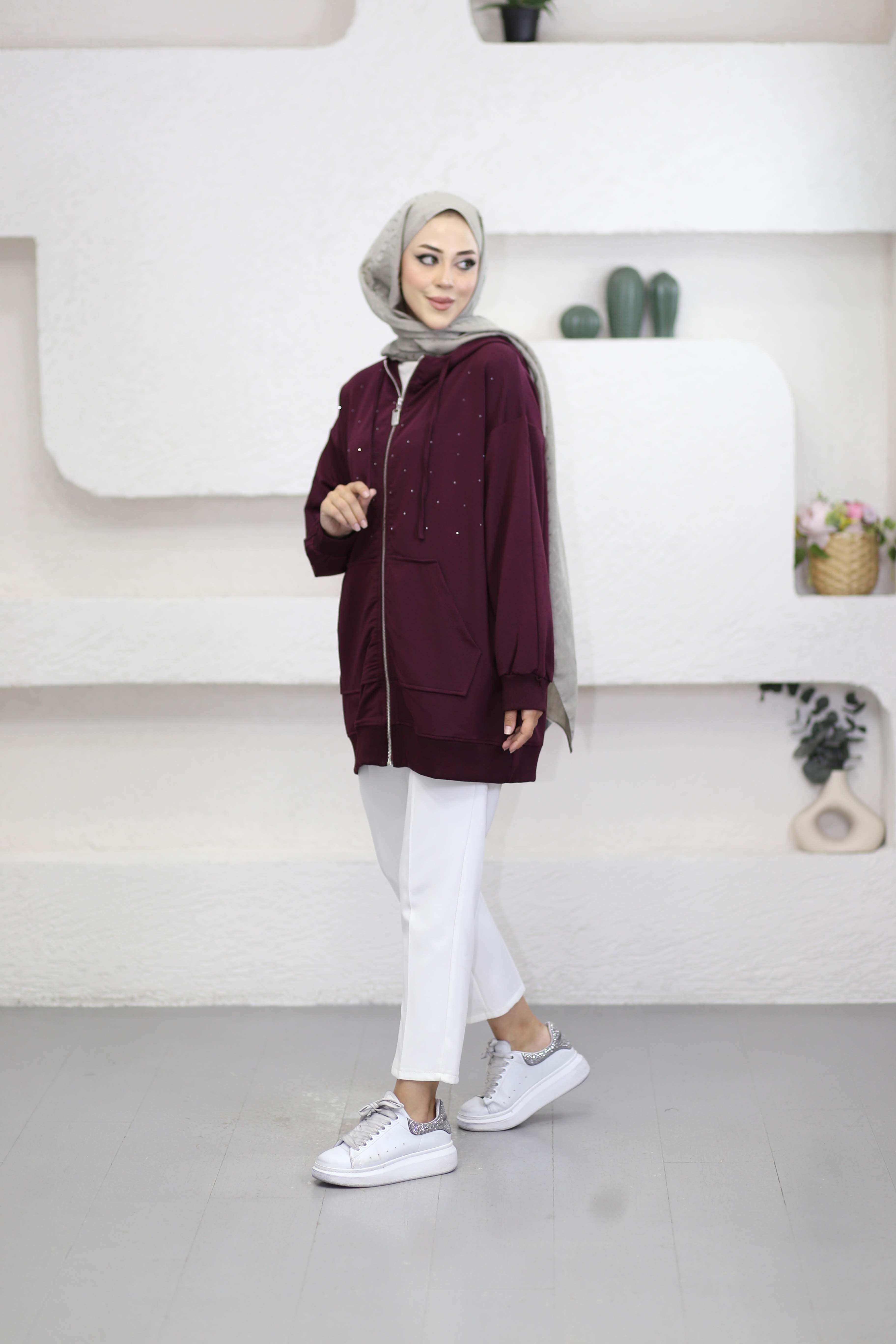 Serpme Taşlı Hırka Mürdüm 3449