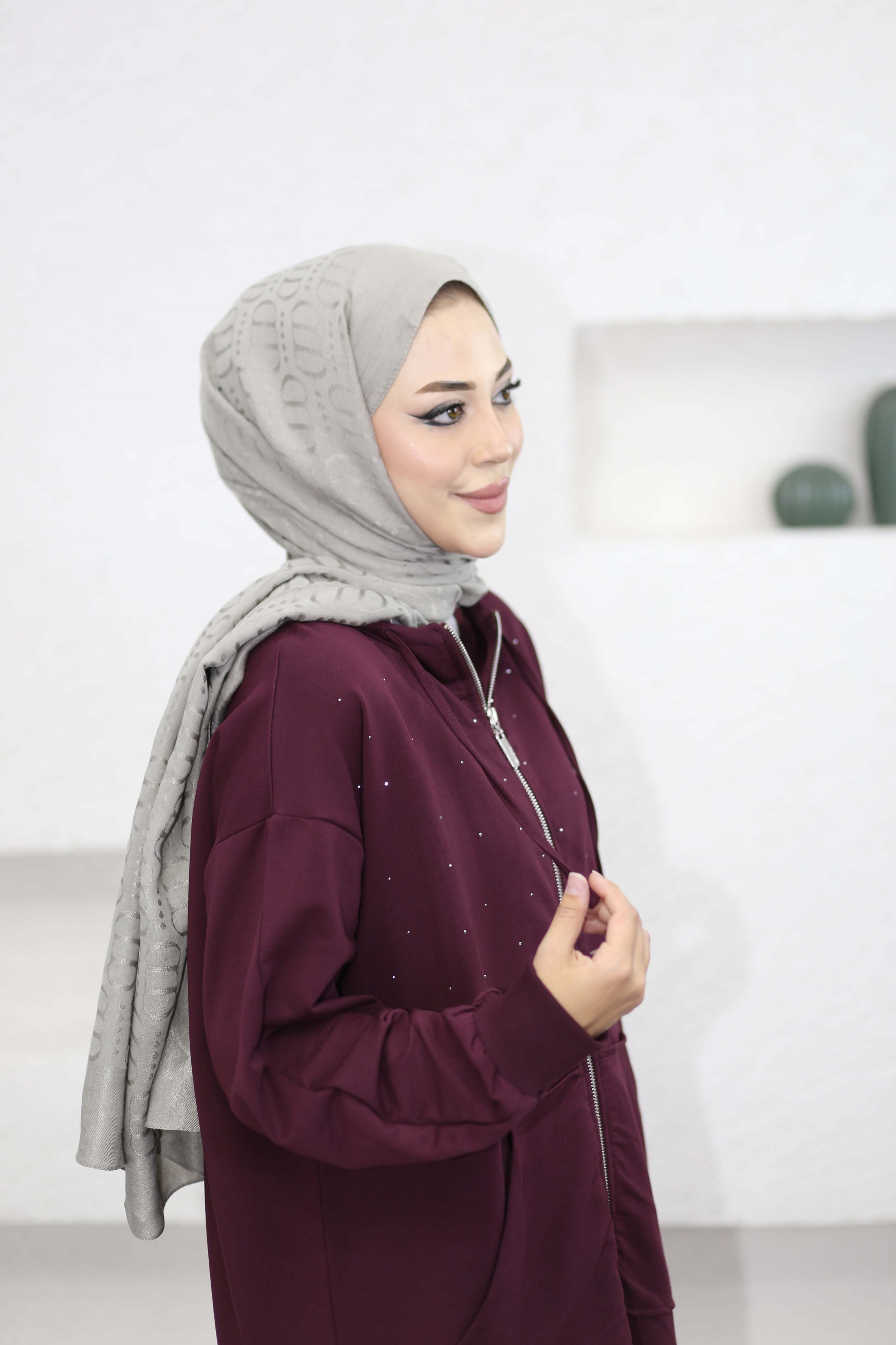 Serpme Taşlı Hırka Mürdüm 3449