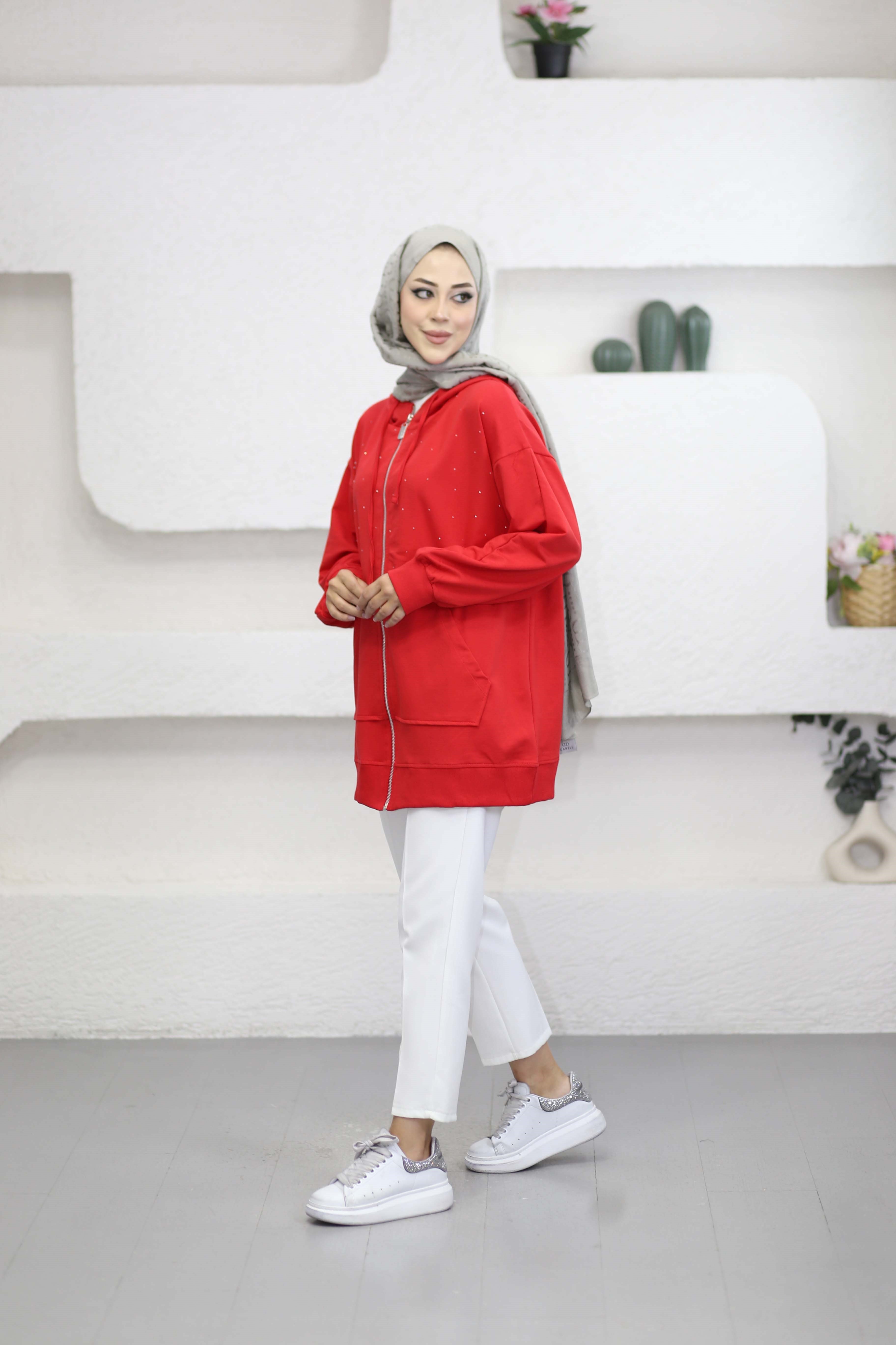 Serpme Taşlı Hırka Kırmızı 3449