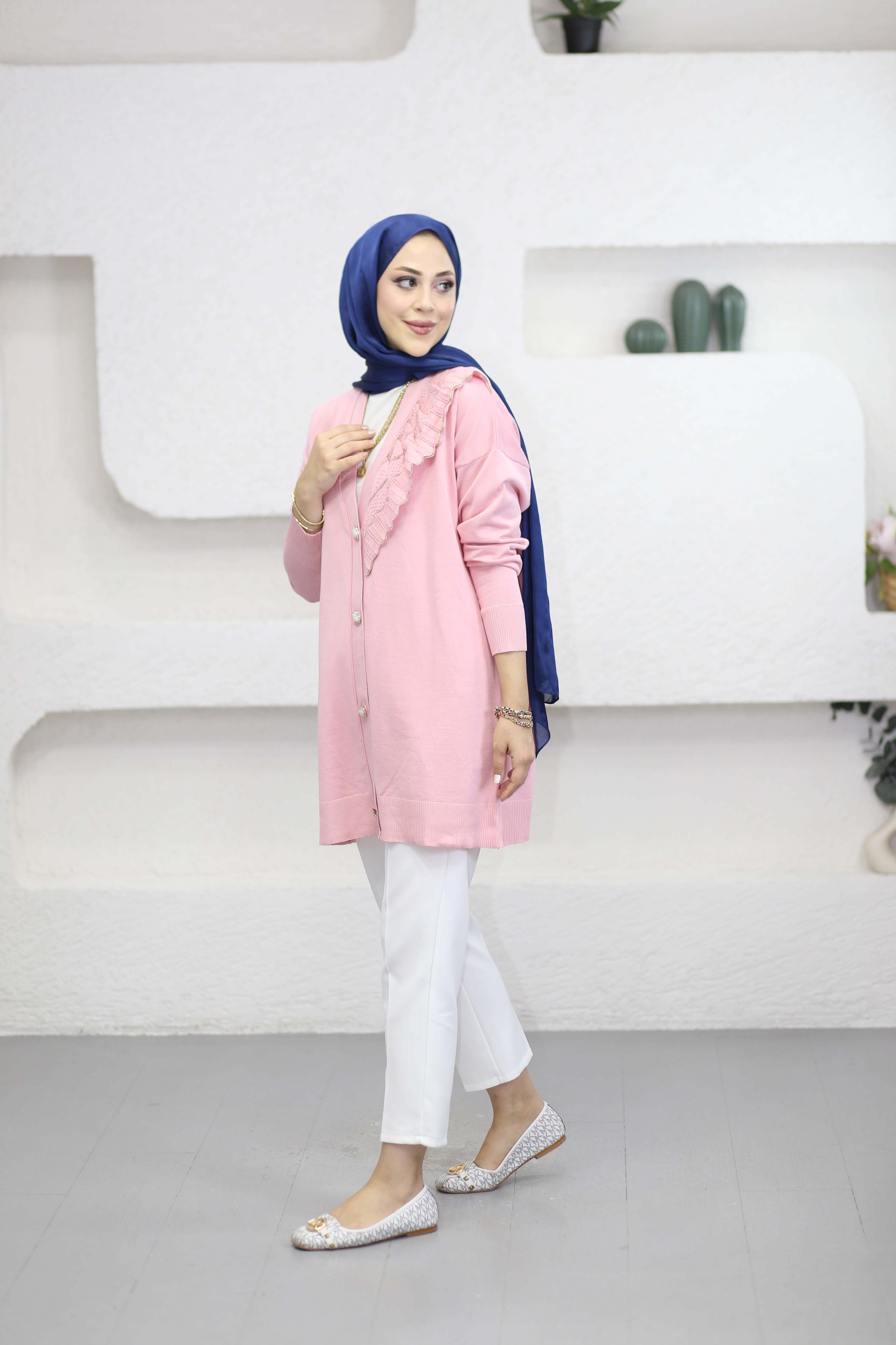Dantel Fırfırlı Hırka Pembe 332