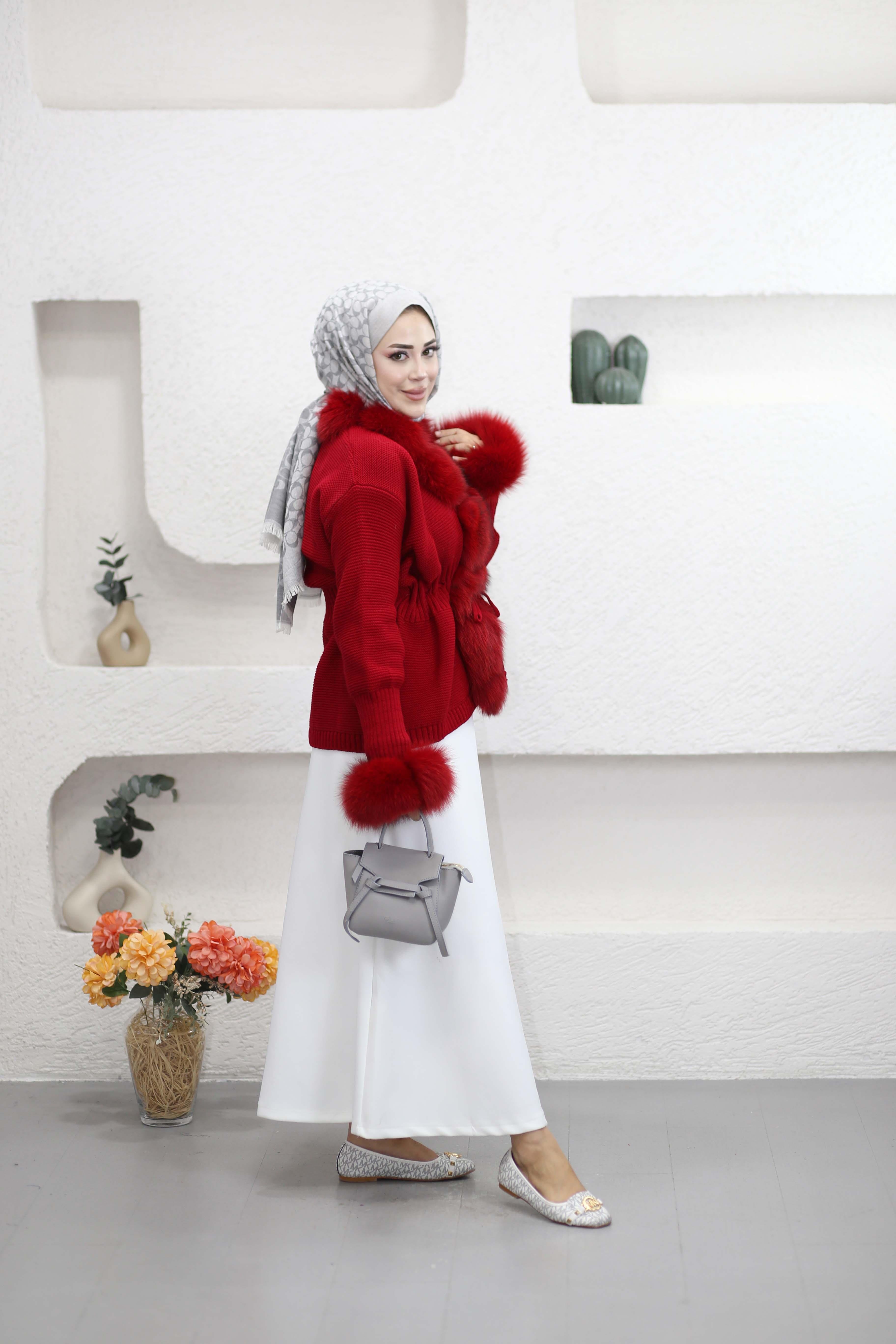 İthal Kürklü Hırka Kırmızı 1502