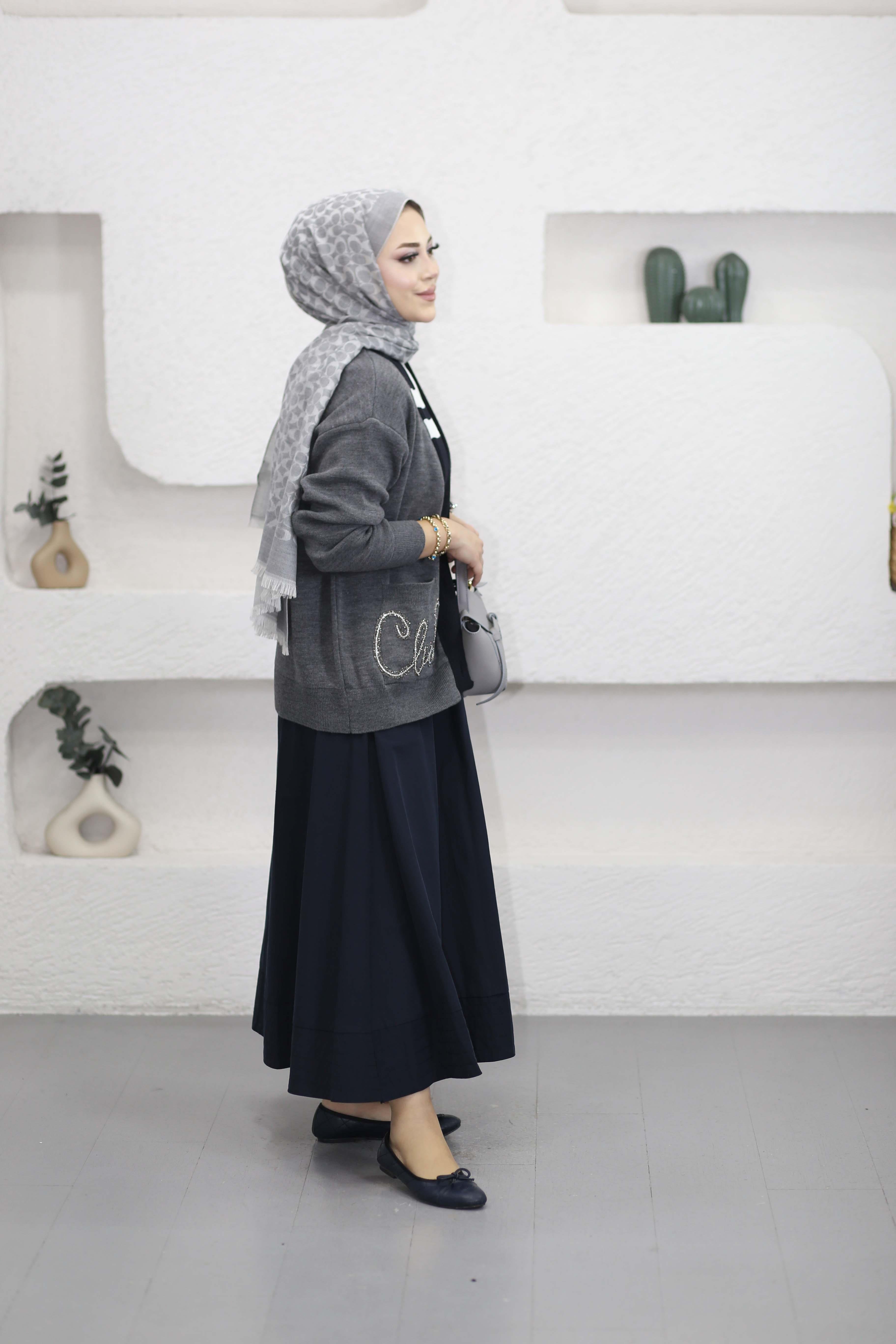 Taşlı Hırka Gri 4294