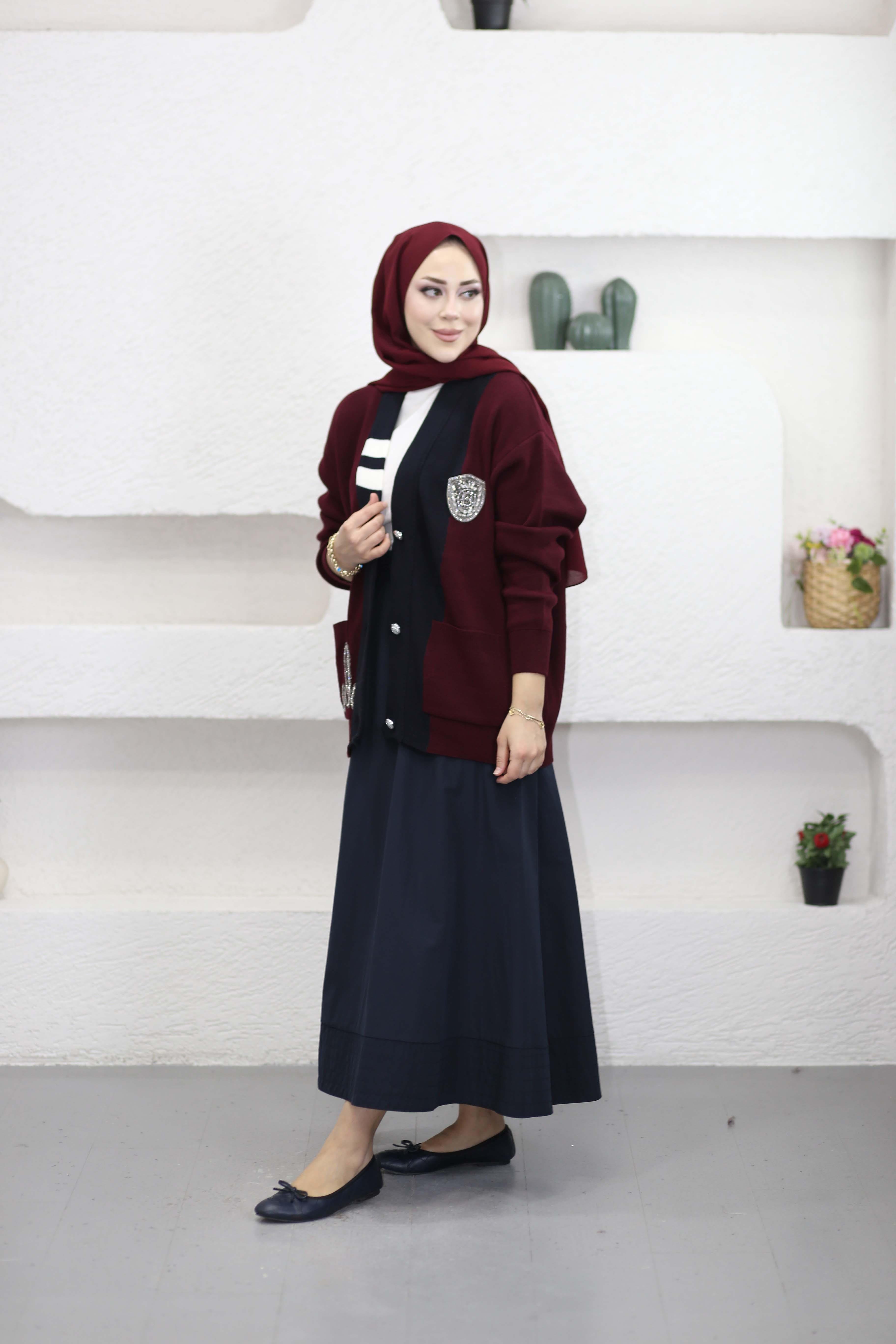 Taşlı Hırka Bordo 4294