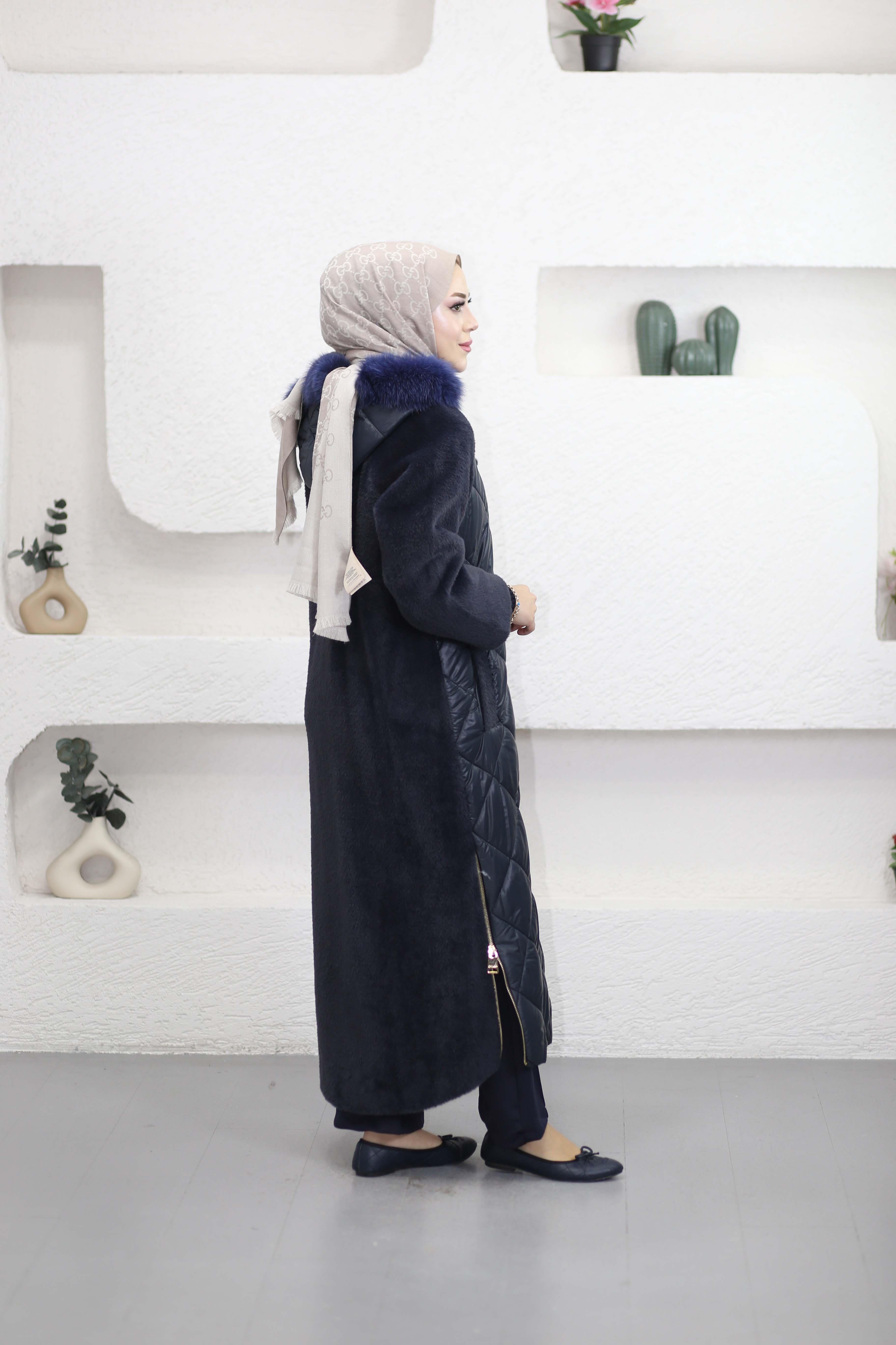 Önü Kapitone Angora Kaban Lacivert 7134