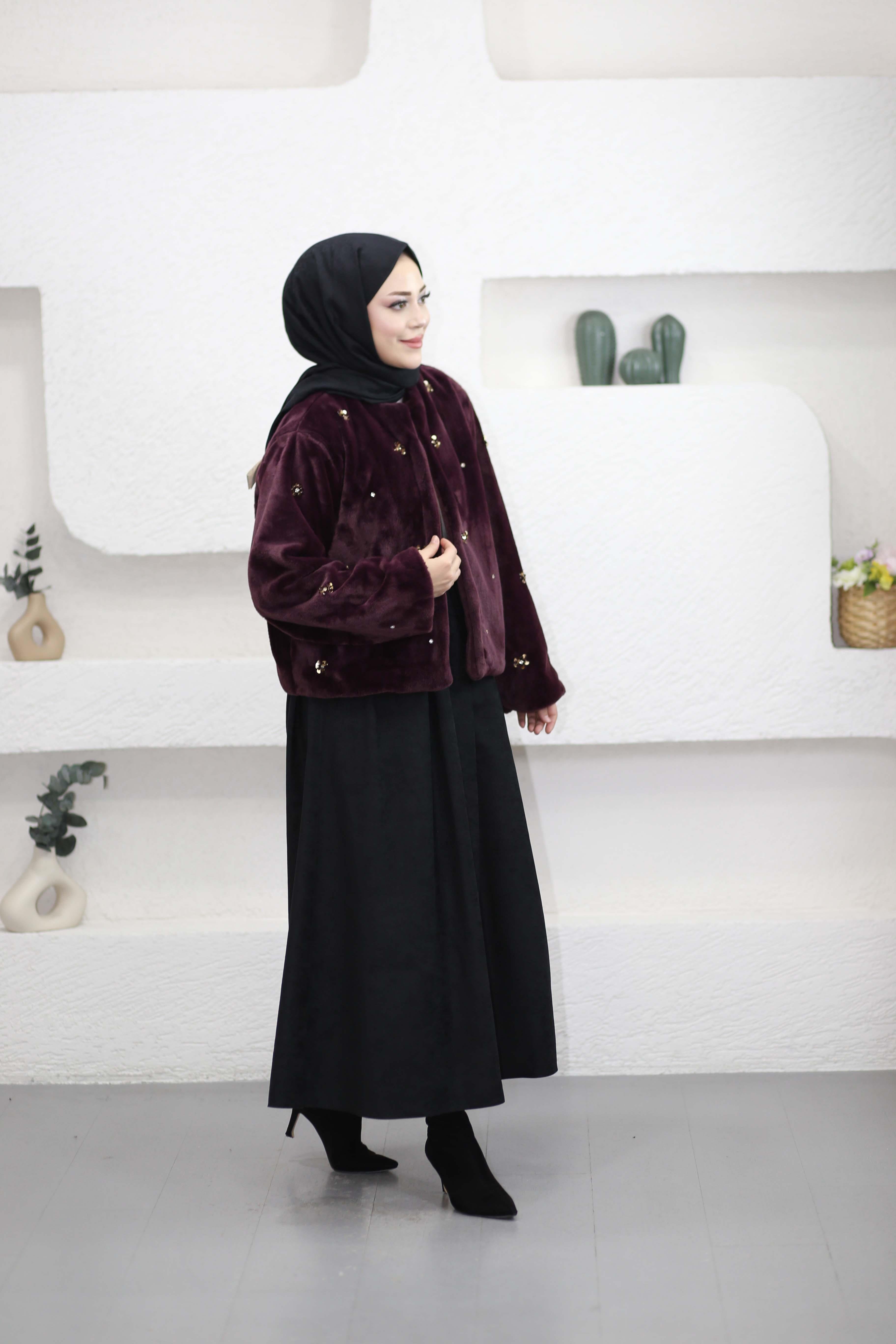 Veloura İşlemeli Kısa Kürk Bordo 8014
