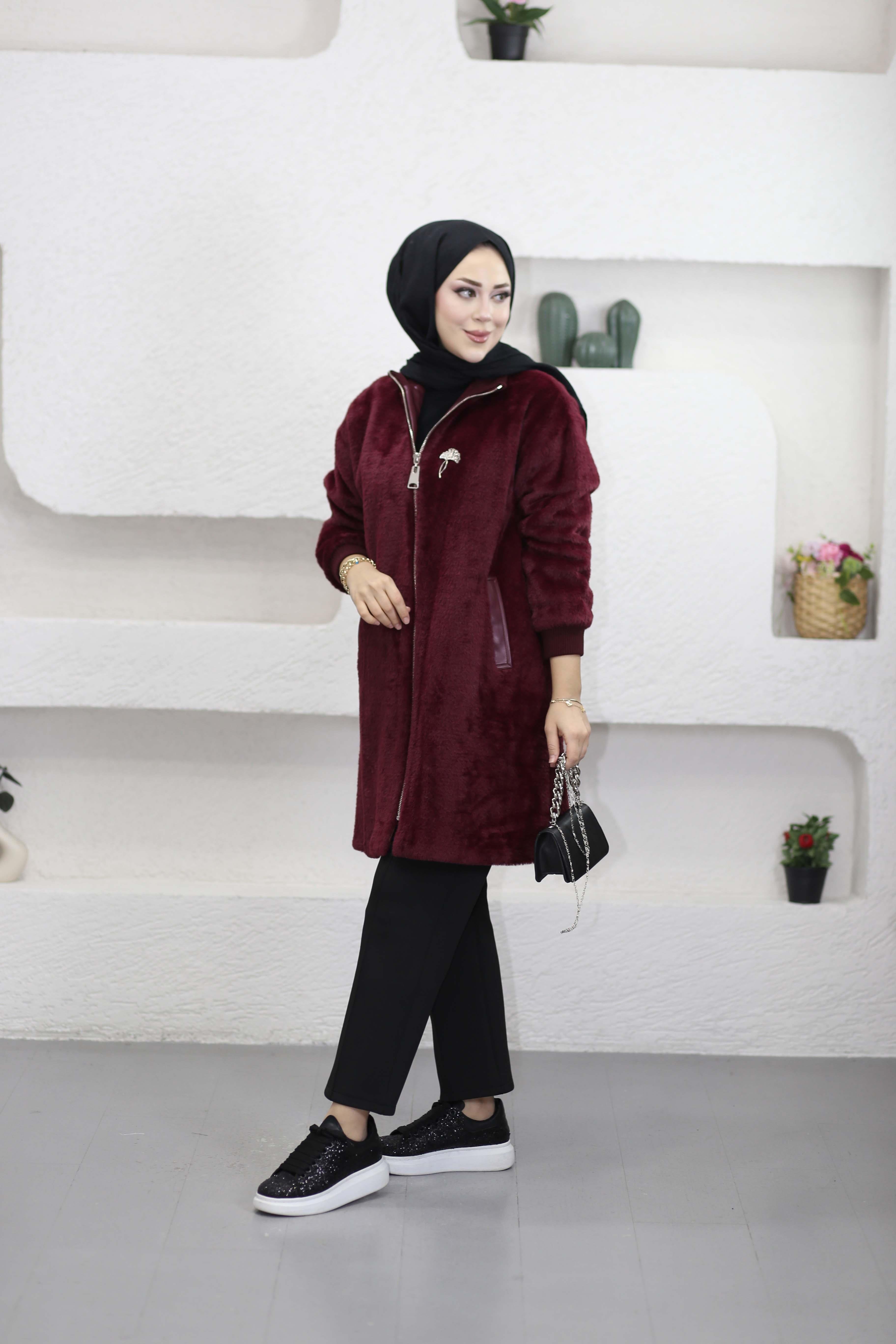 Broşlu Angora Kaban Bordo 1434