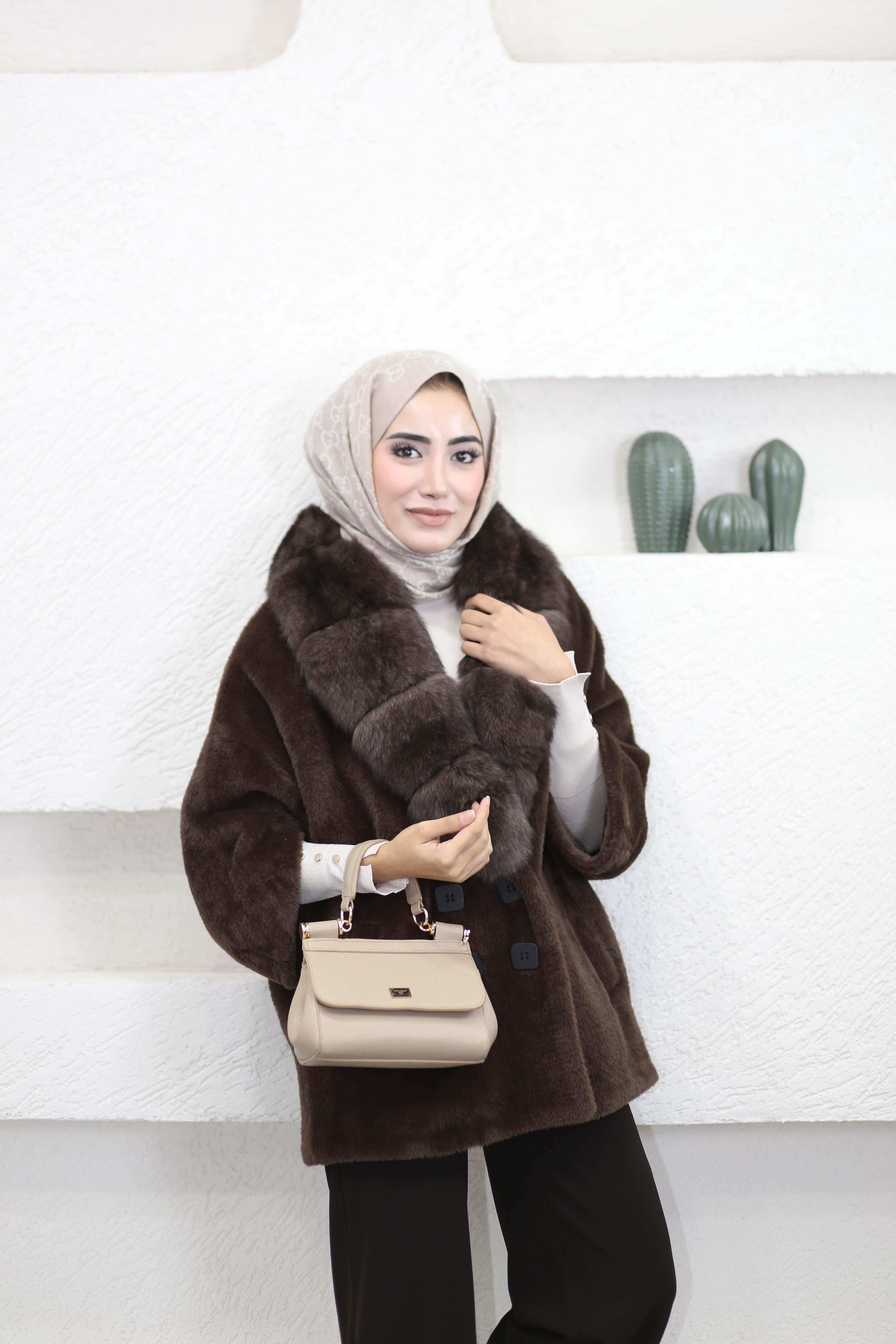 Kürk Ve Düğme Detaylı Angora Kaban Kahverengi 7293