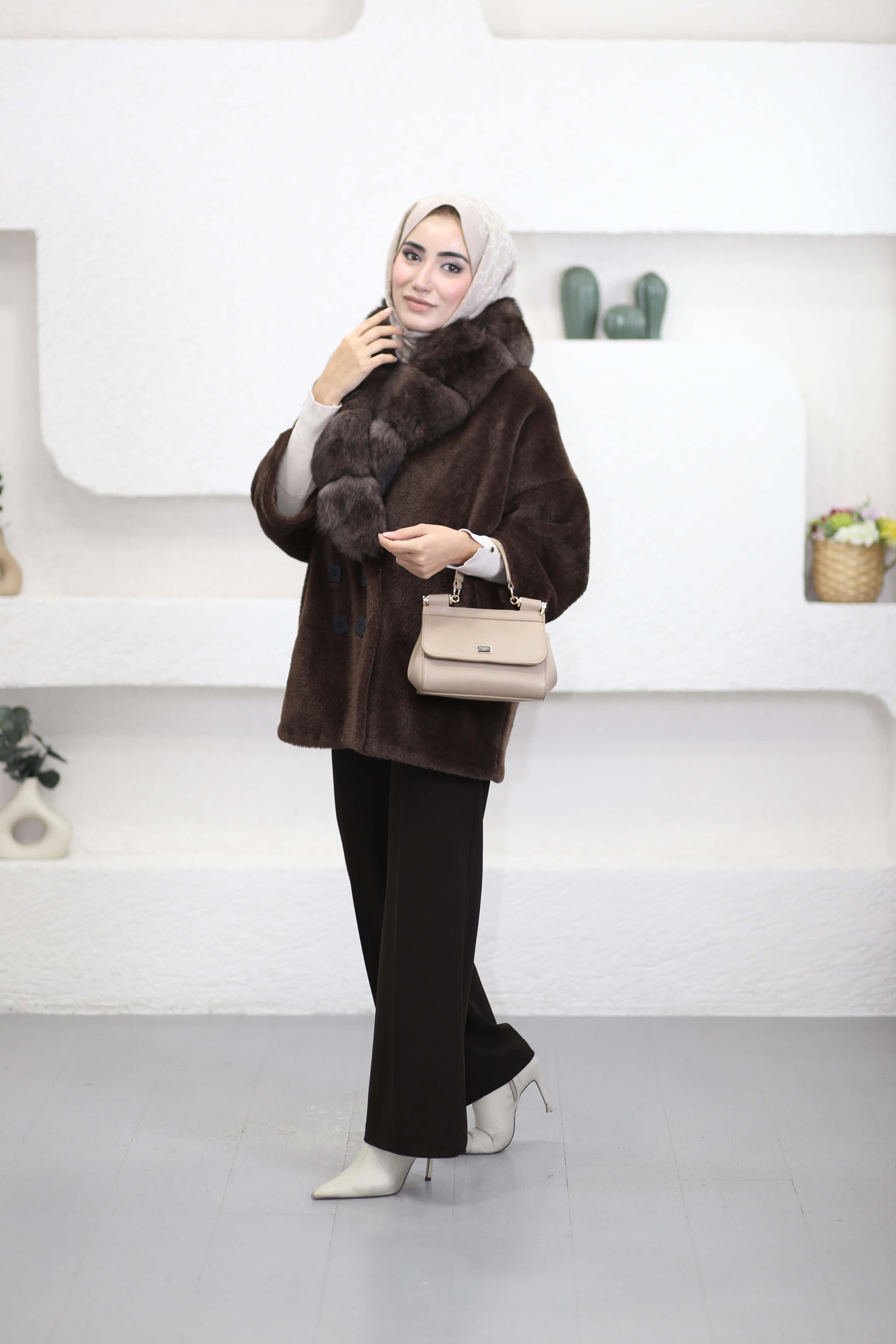 Kürk Ve Düğme Detaylı Angora Kaban Kahverengi 7293
