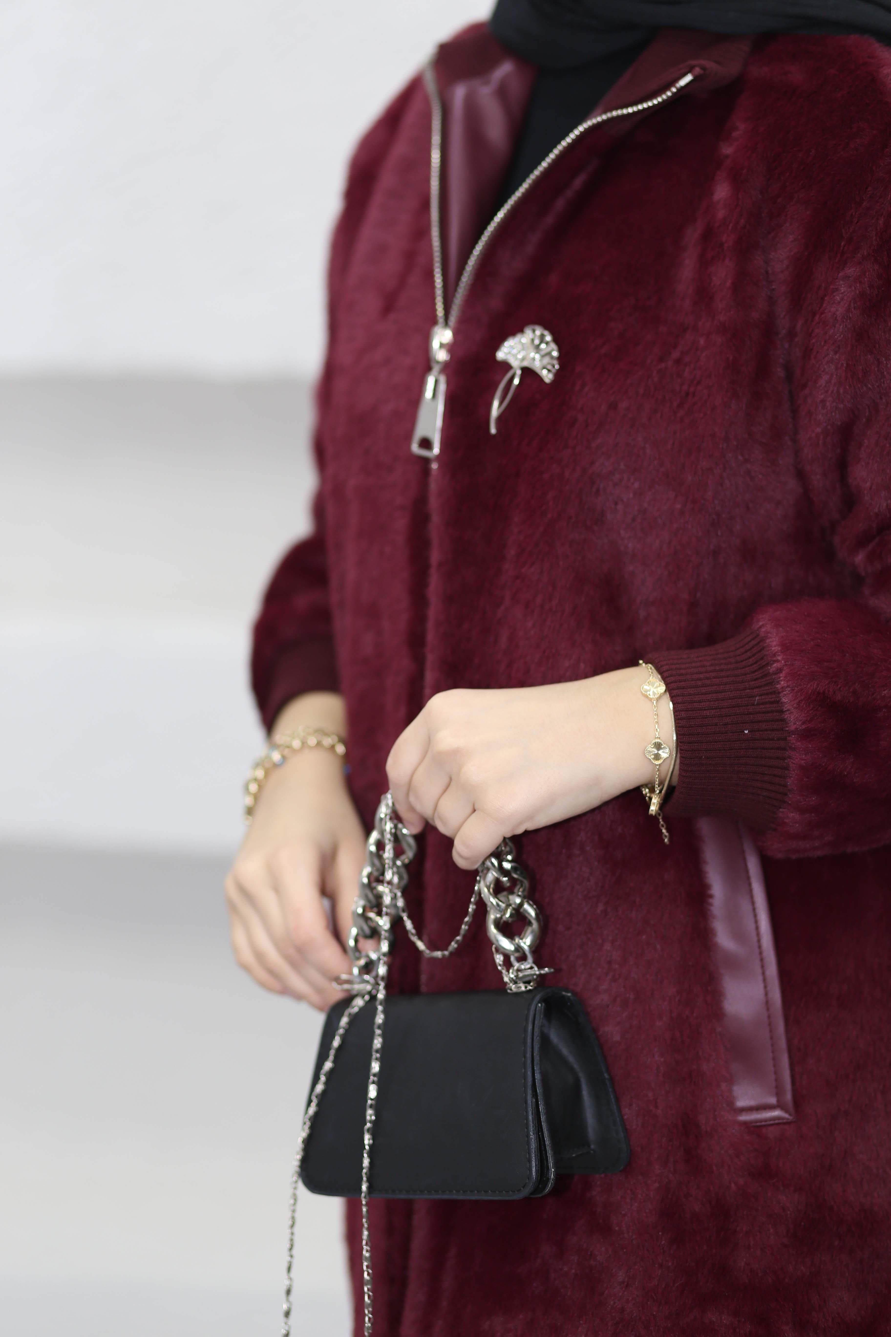 Broşlu Angora Kaban Bordo 1434