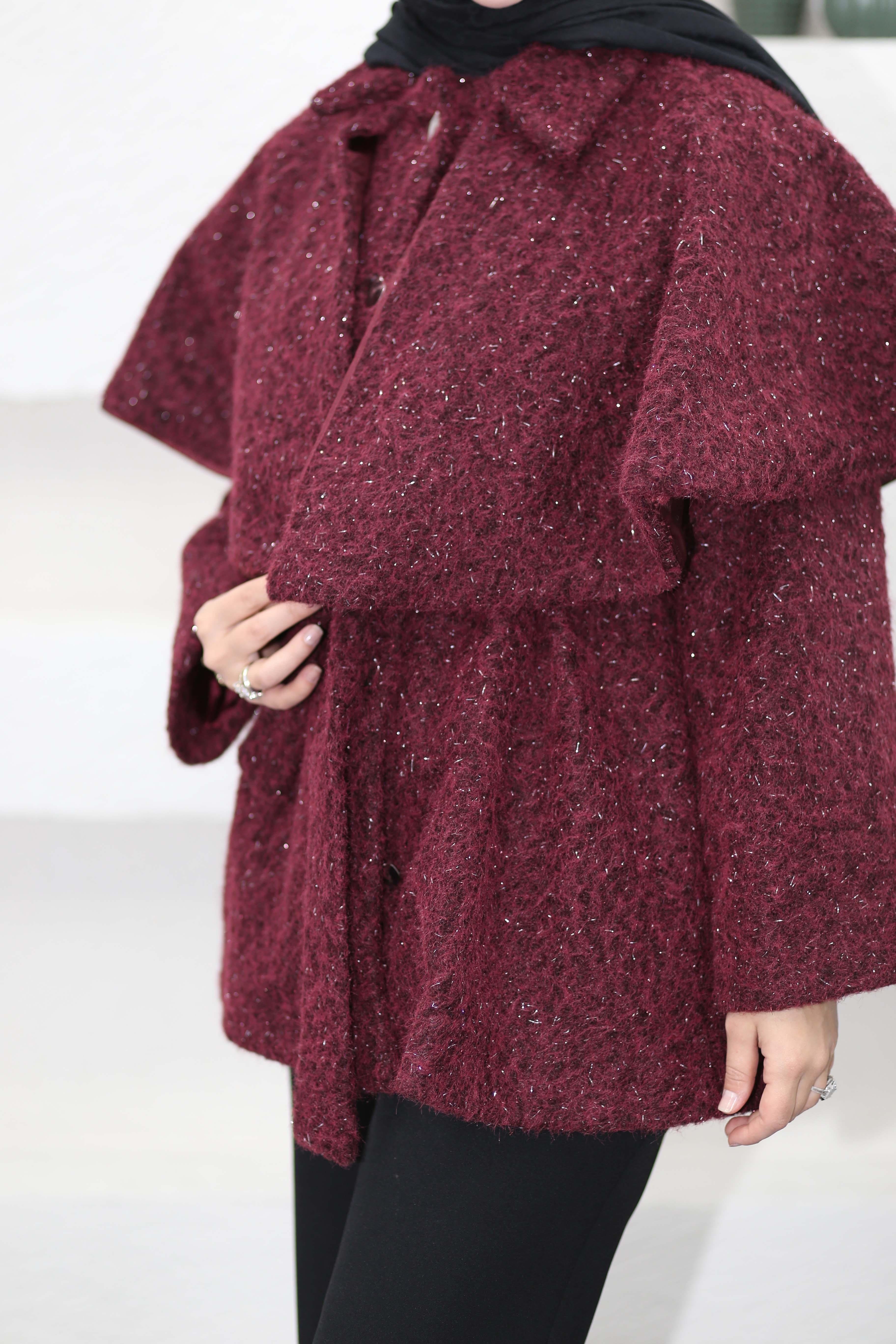 Geniş Yaka Simli Kaban Bordo 6953