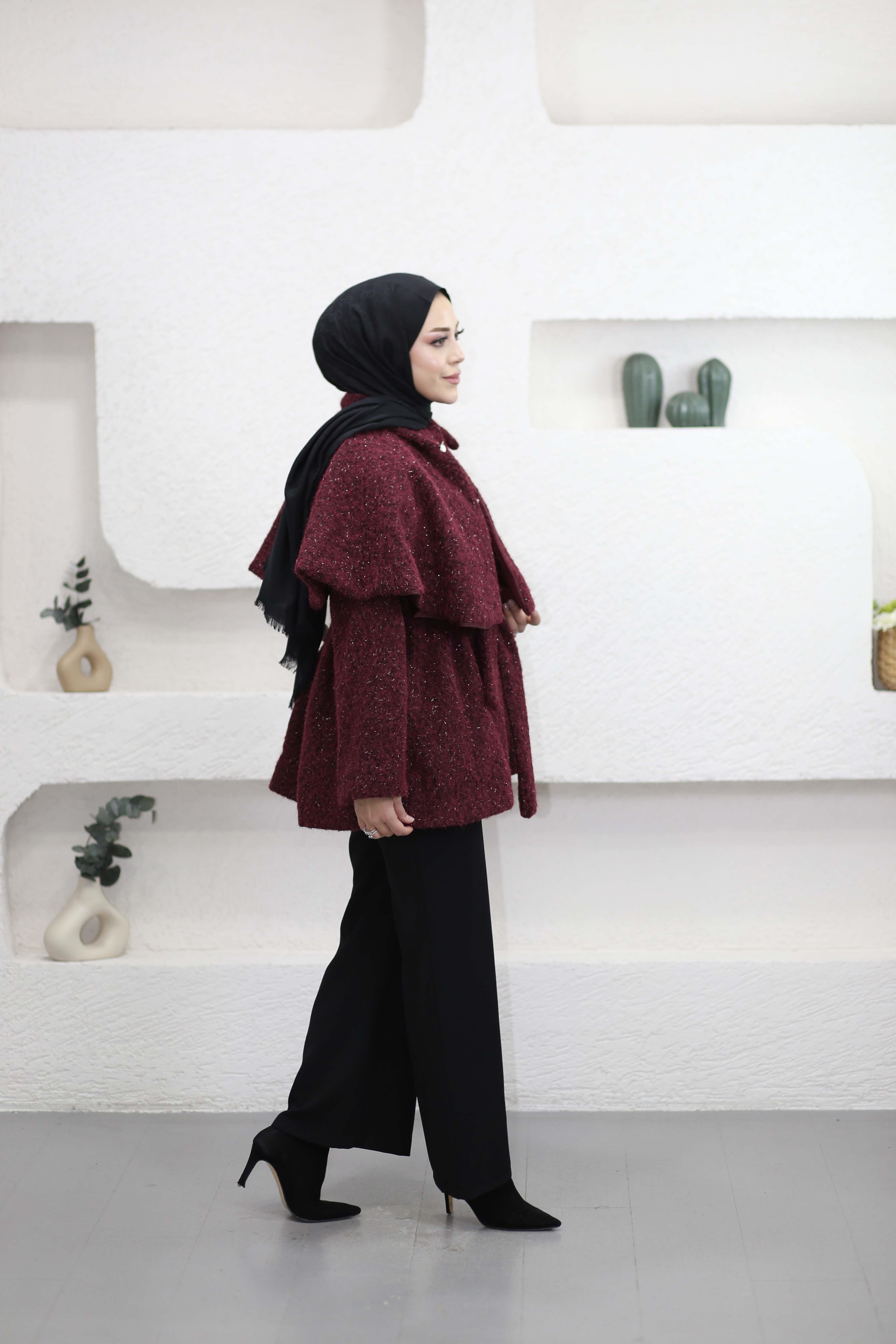 Geniş Yaka Simli Kaban Bordo 6953
