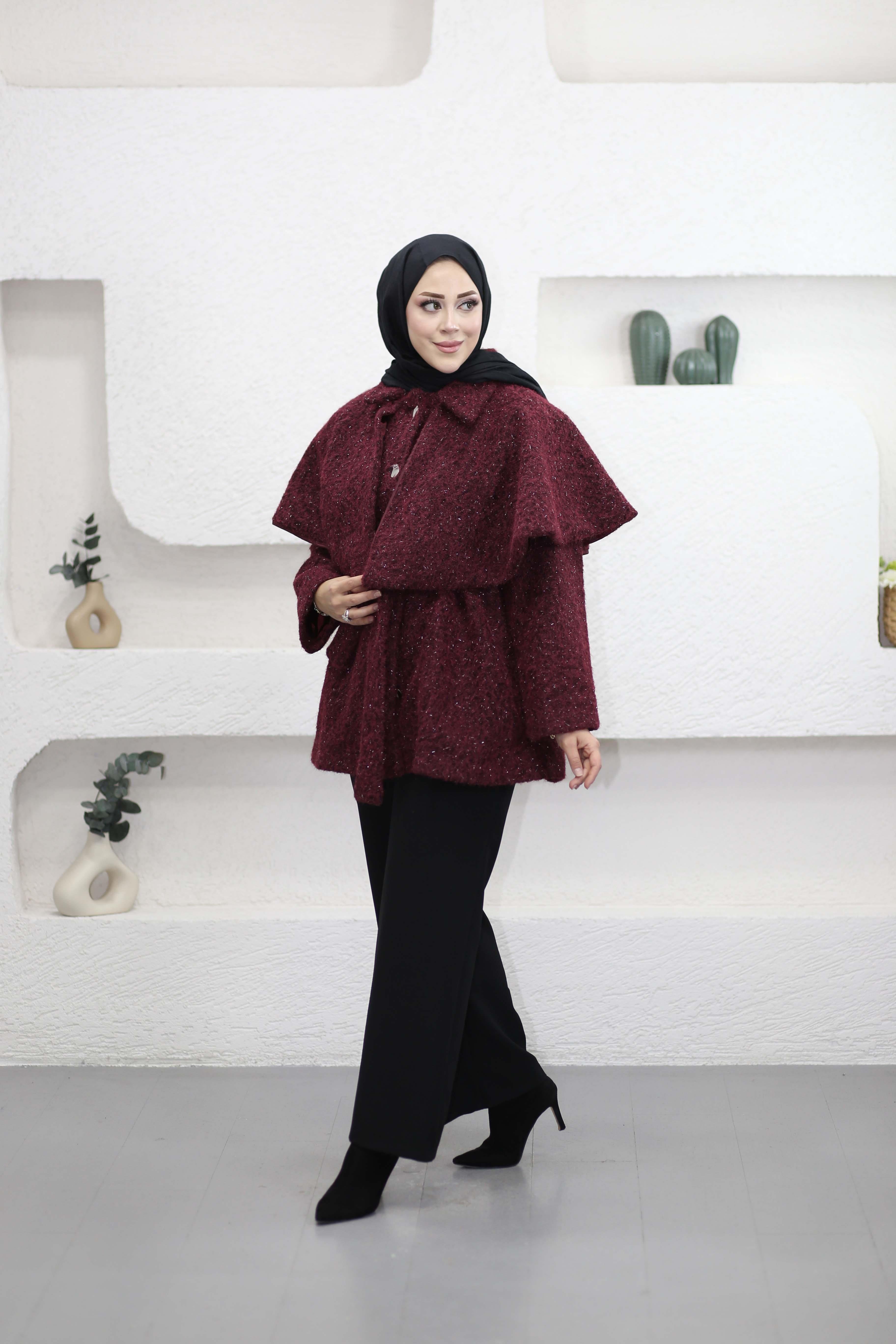 Geniş Yaka Simli Kaban Bordo 6953