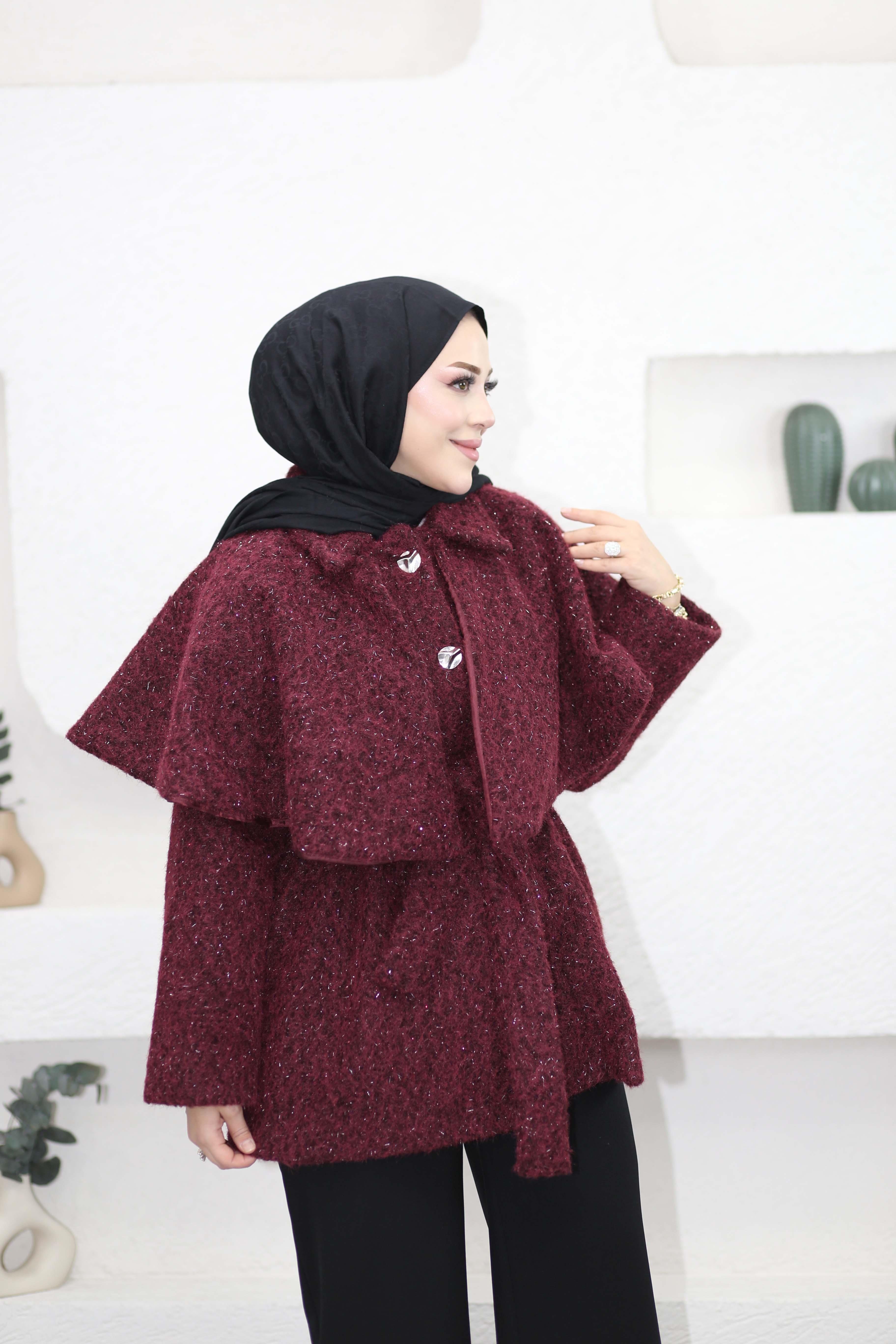 Geniş Yaka Simli Kaban Bordo 6953