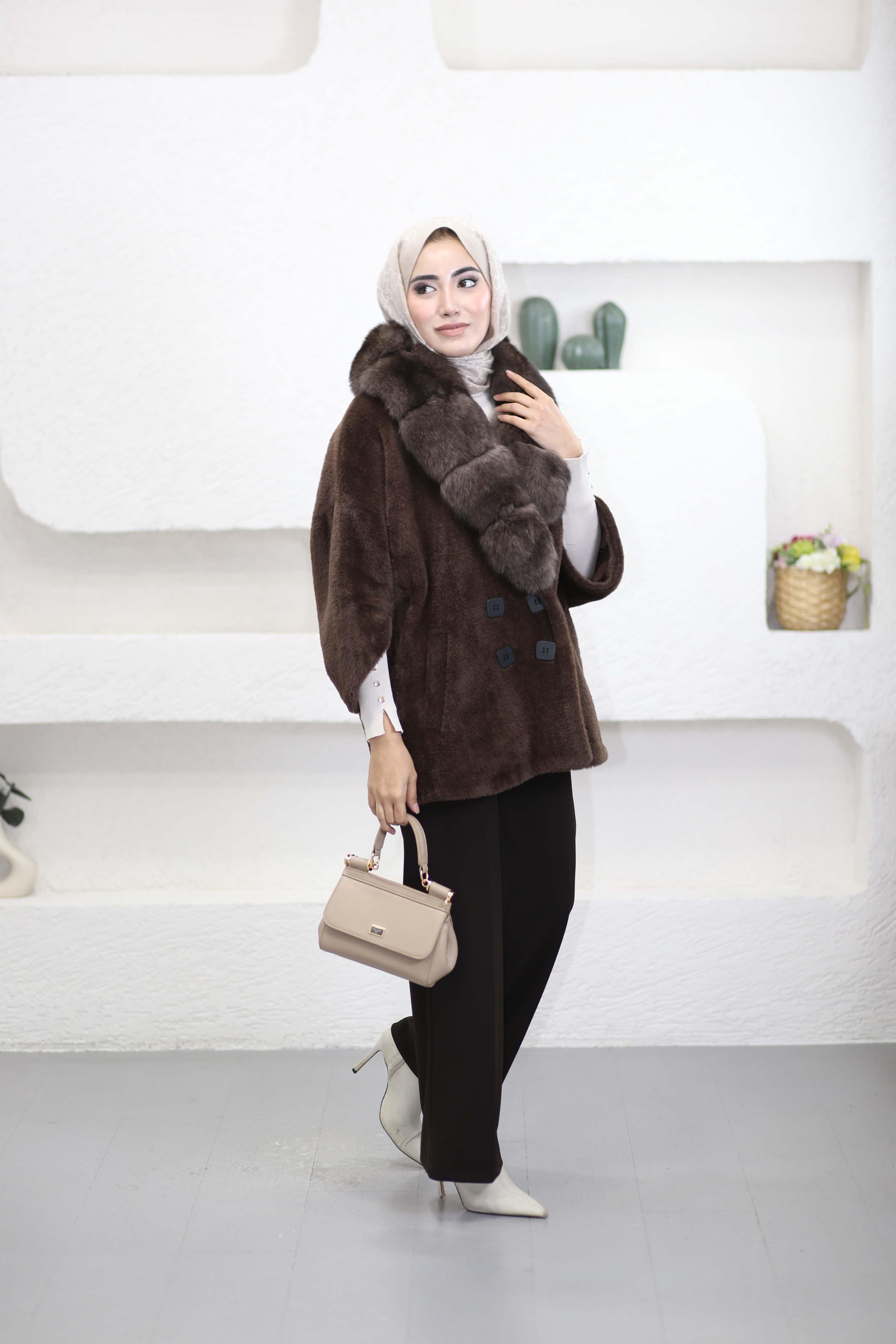 Kürk Ve Düğme Detaylı Angora Kaban Kahverengi 7293