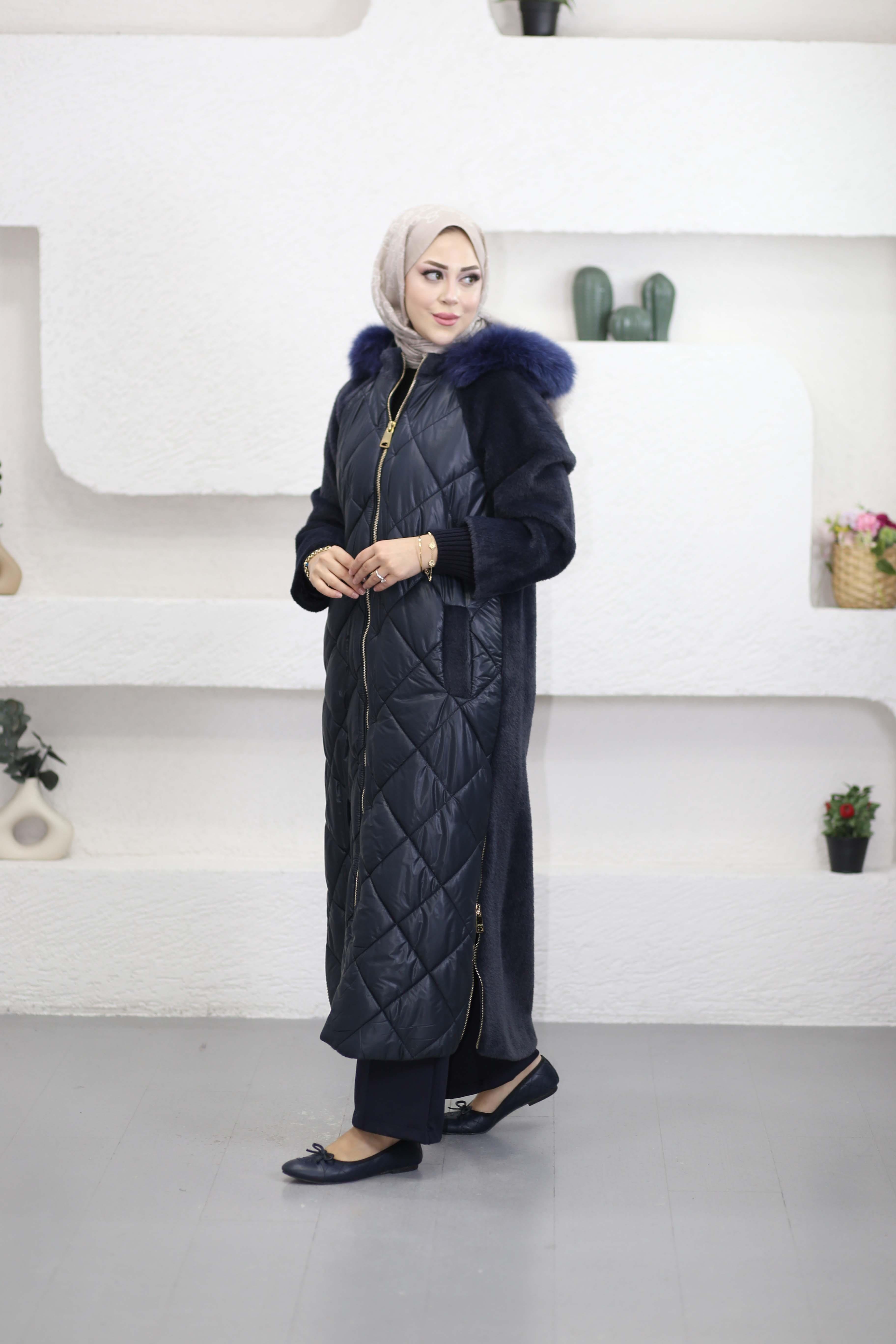 Önü Kapitone Angora Kaban Lacivert 7134
