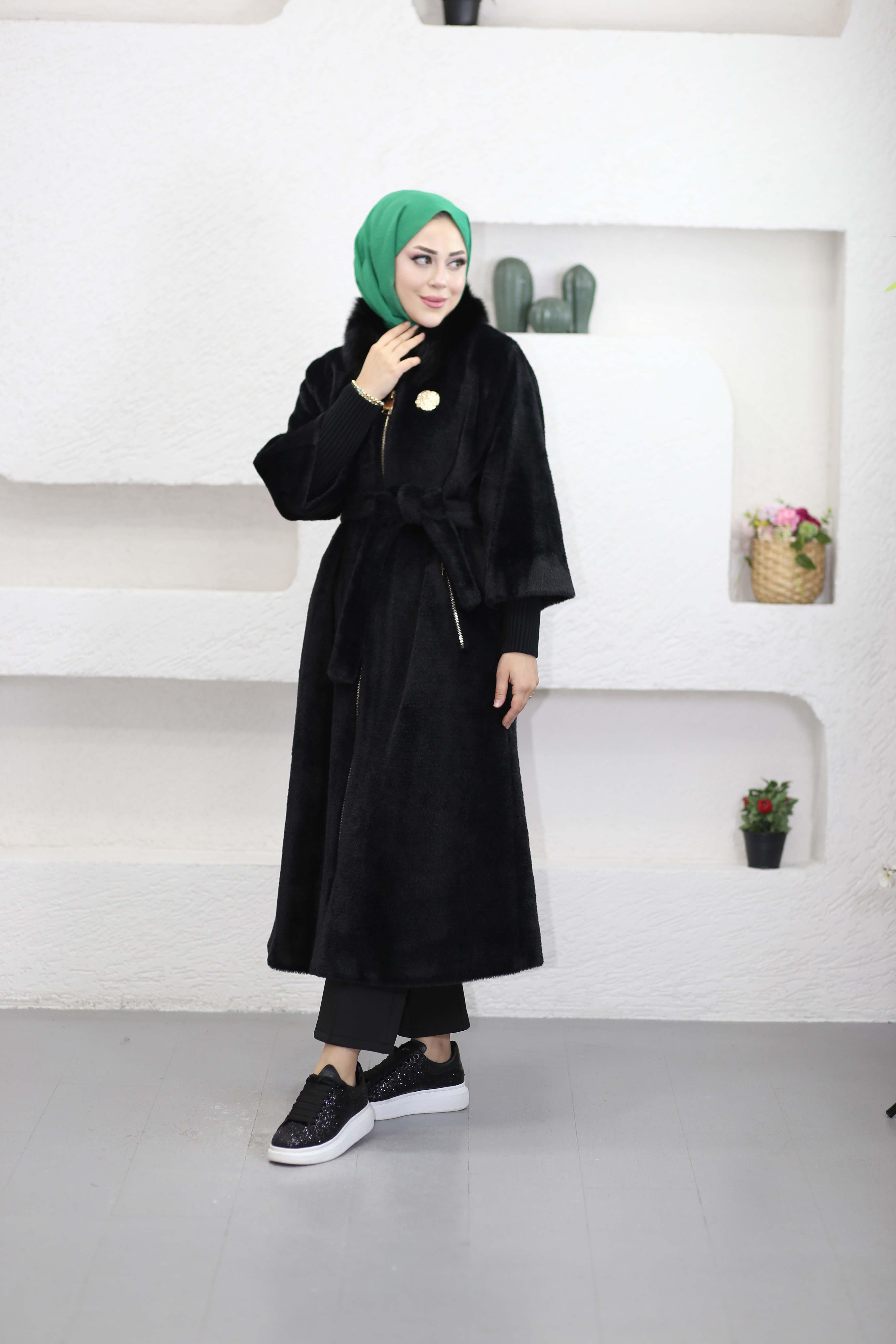 Kapşonlu Angora Kaban Siyah 7253