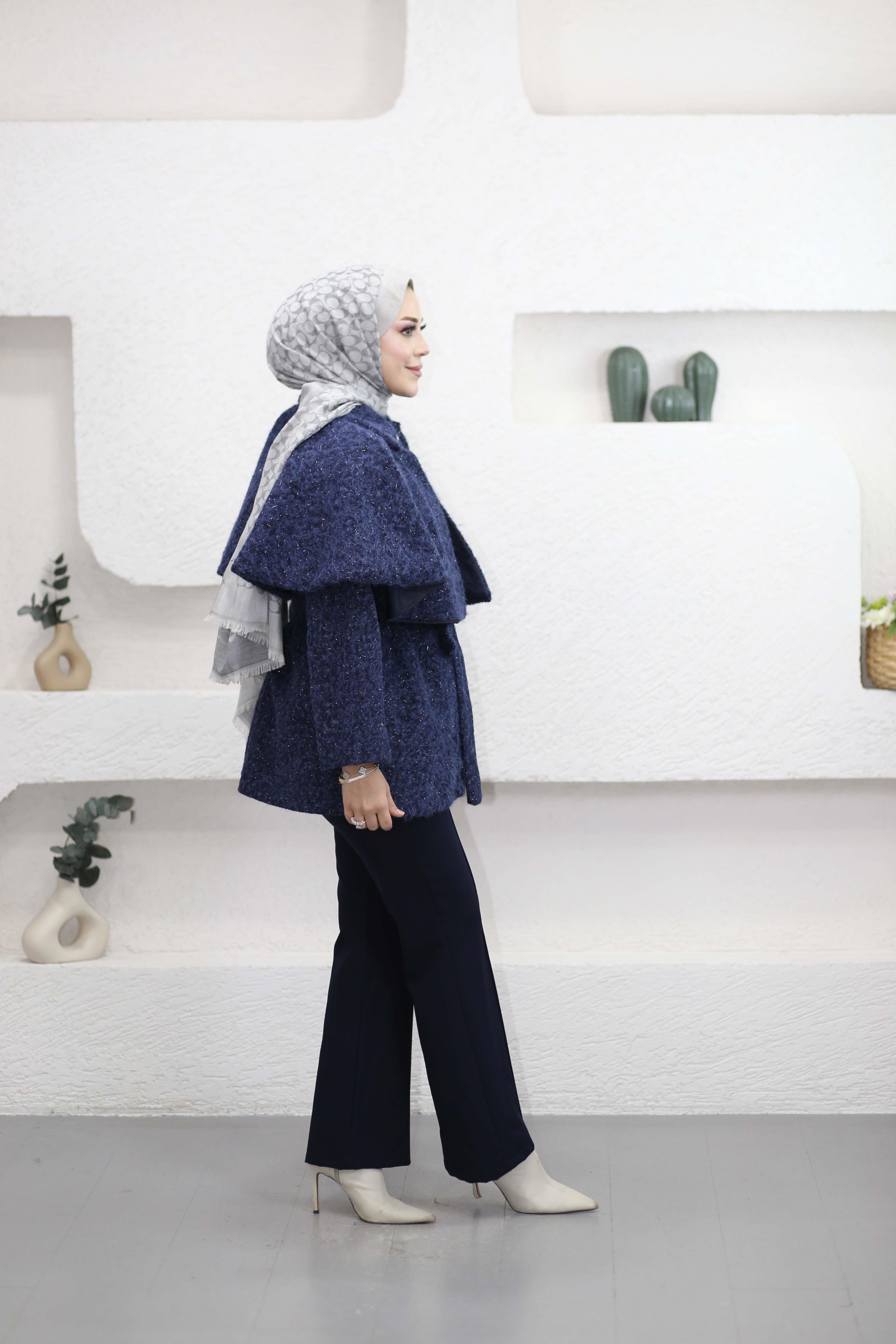 Geniş Yaka Simli Kaban Lacivert 6953