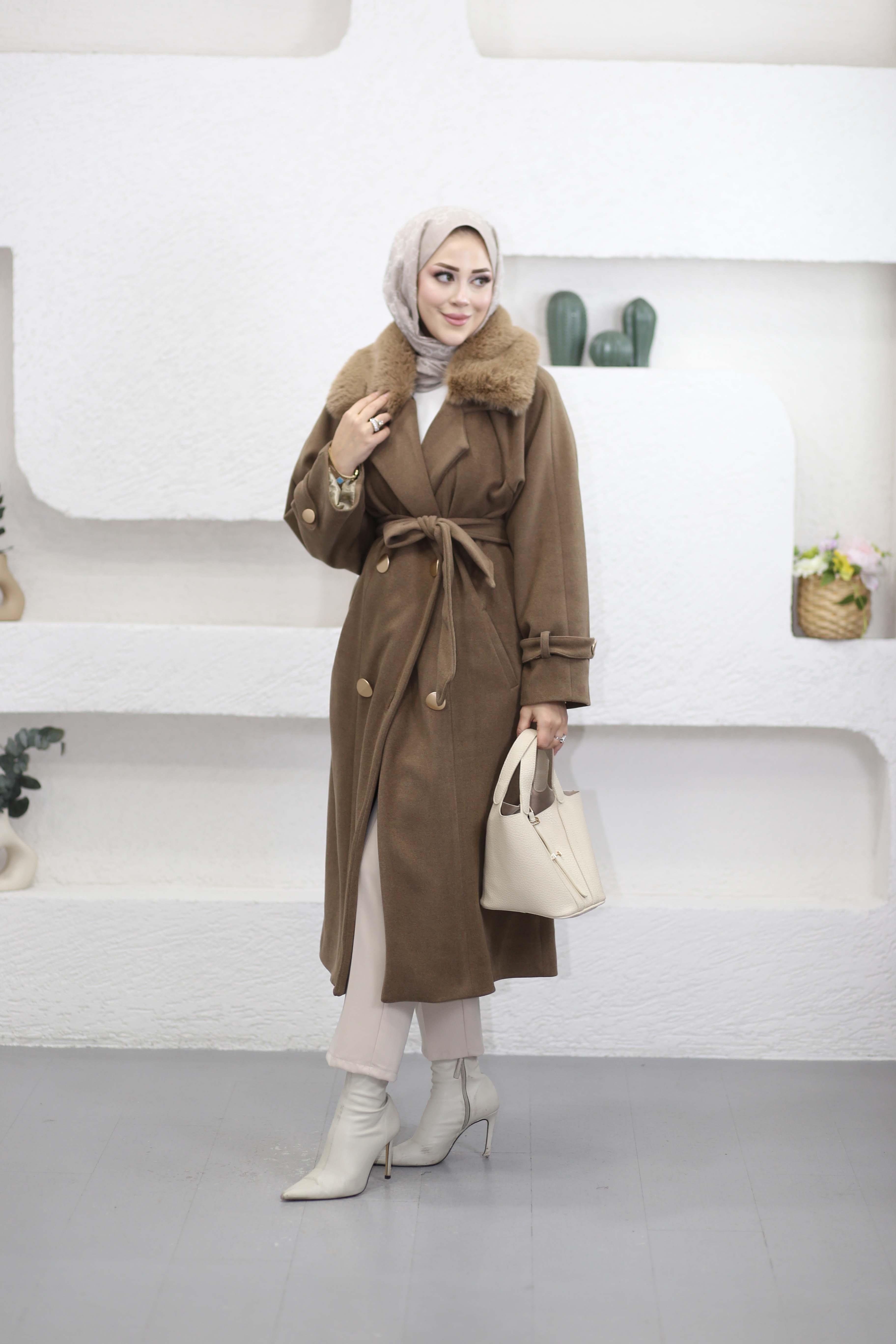 Luna Yaka Uzun Kaşe Kaban Kahverengi 8089