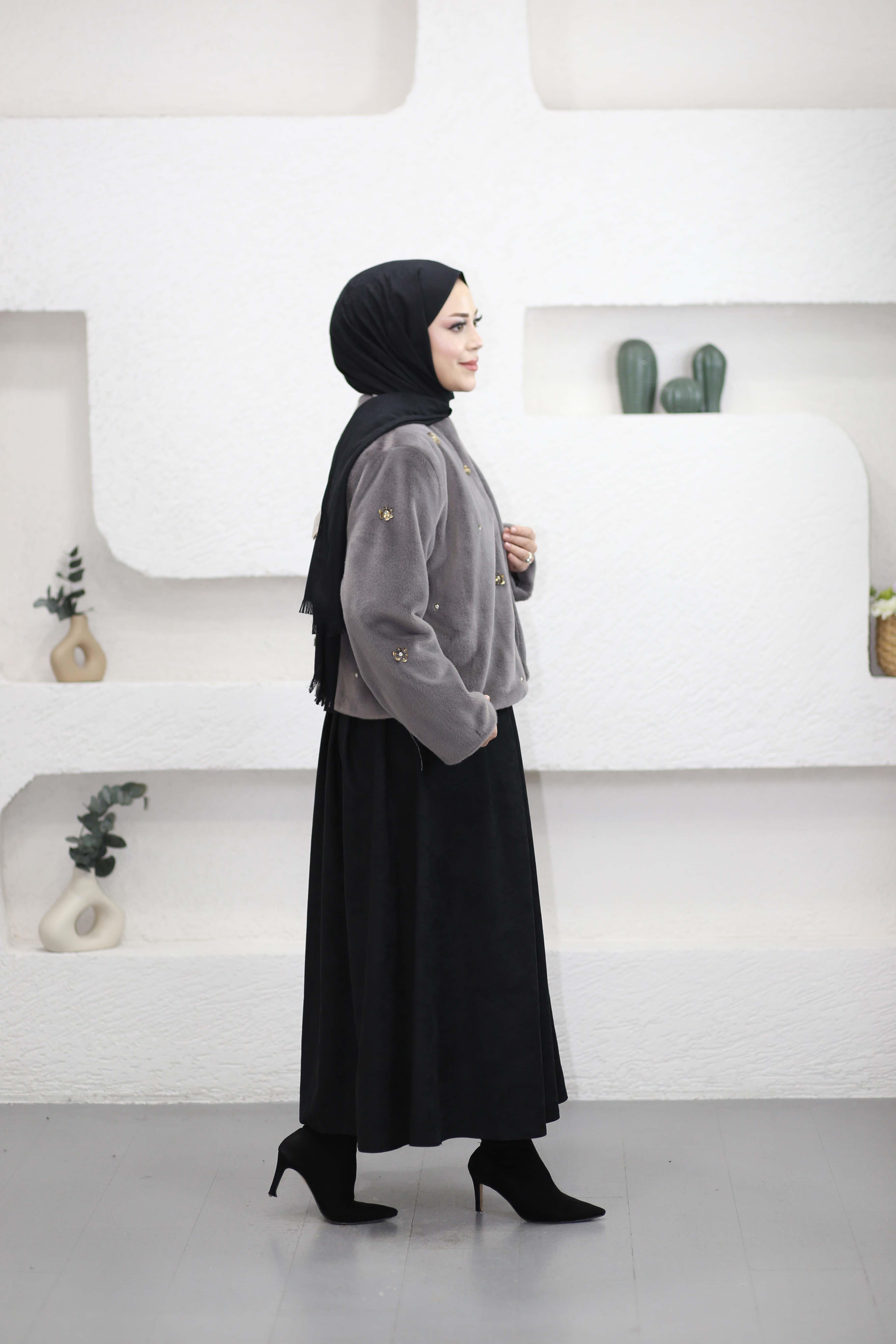 Veloura İşlemeli Kısa Kürk Antrasit 8014