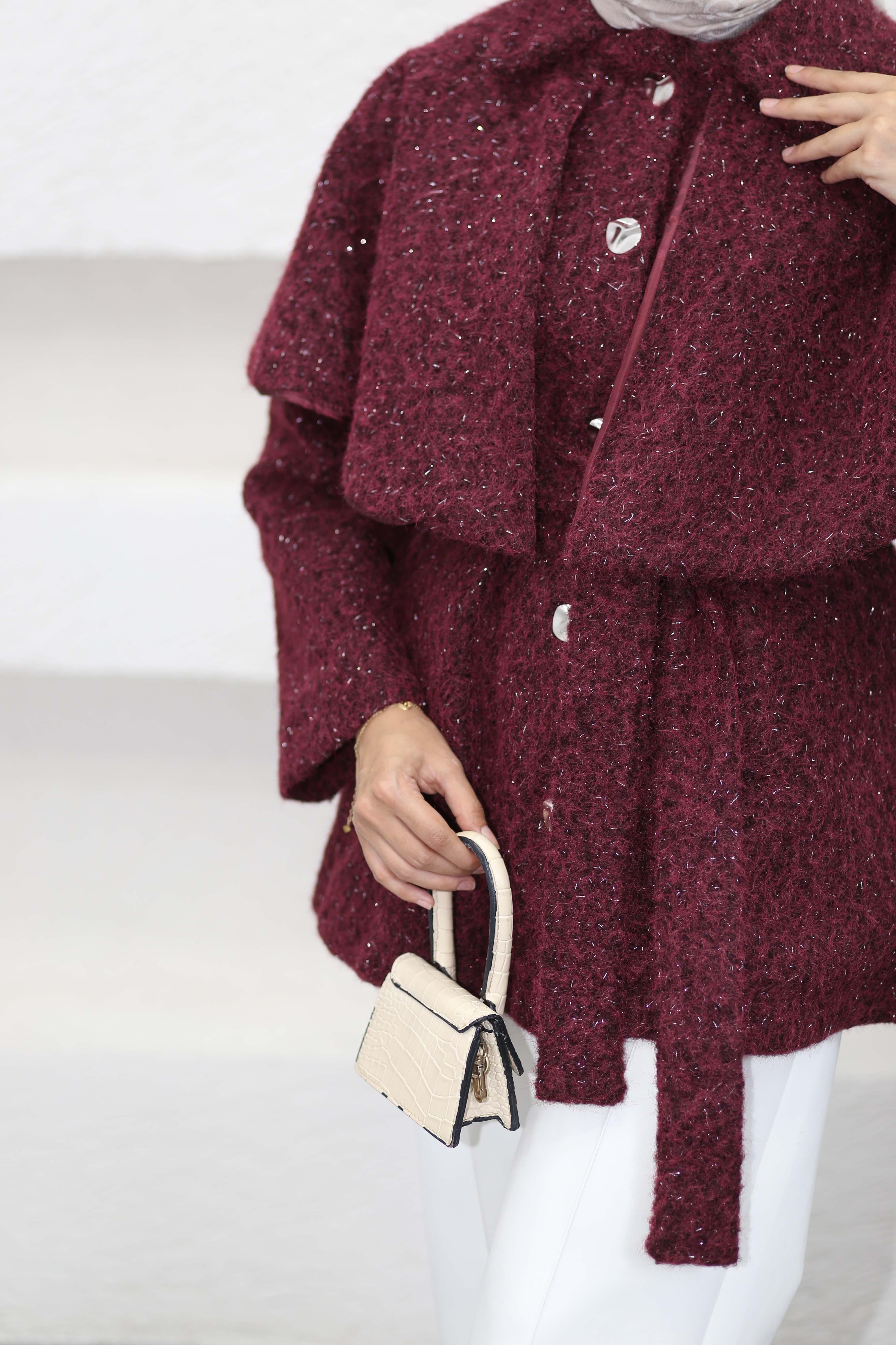 Geniş Yaka Simli Kaban Bordo 6953