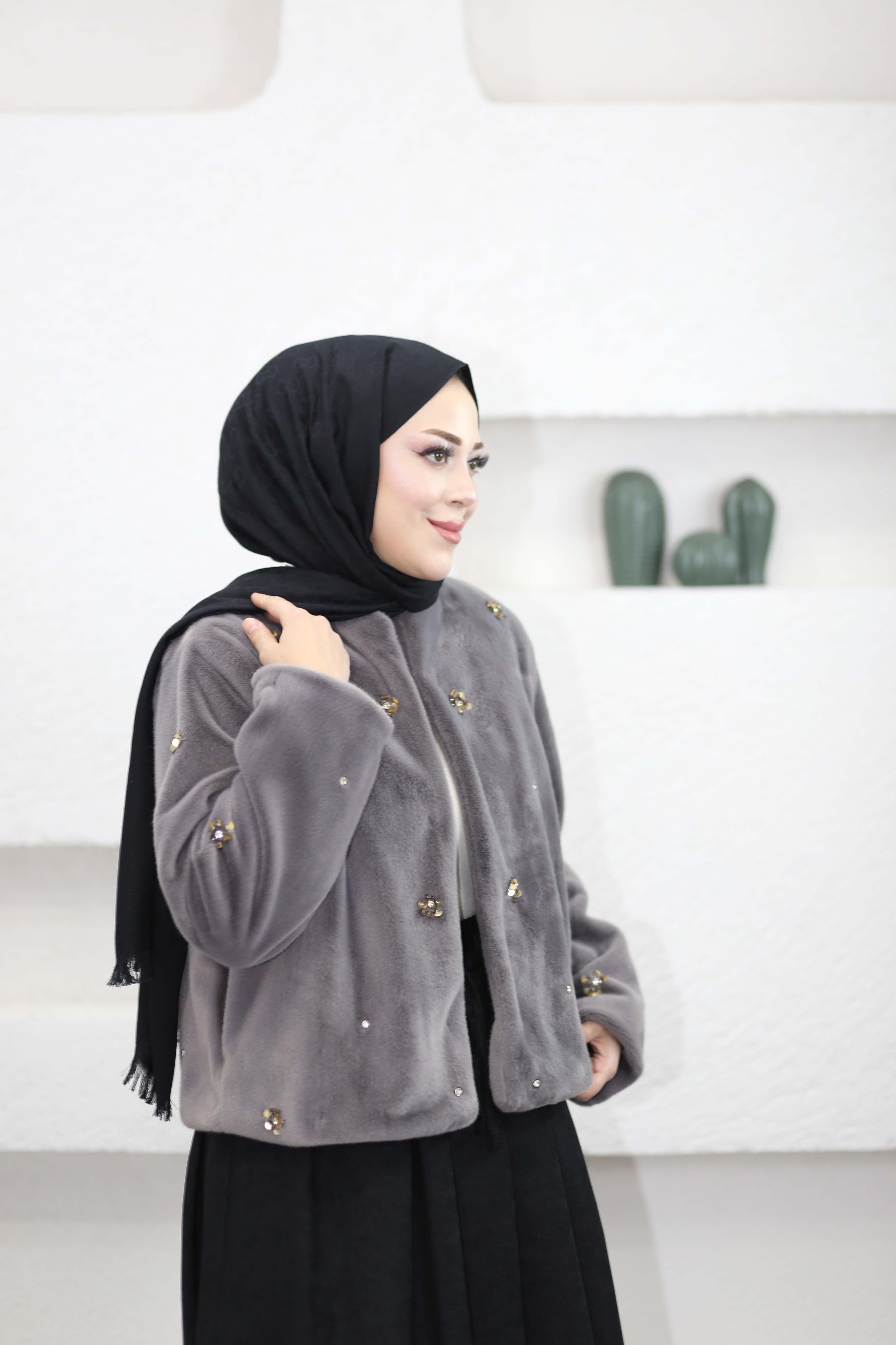 Veloura İşlemeli Kısa Kürk Antrasit 8014