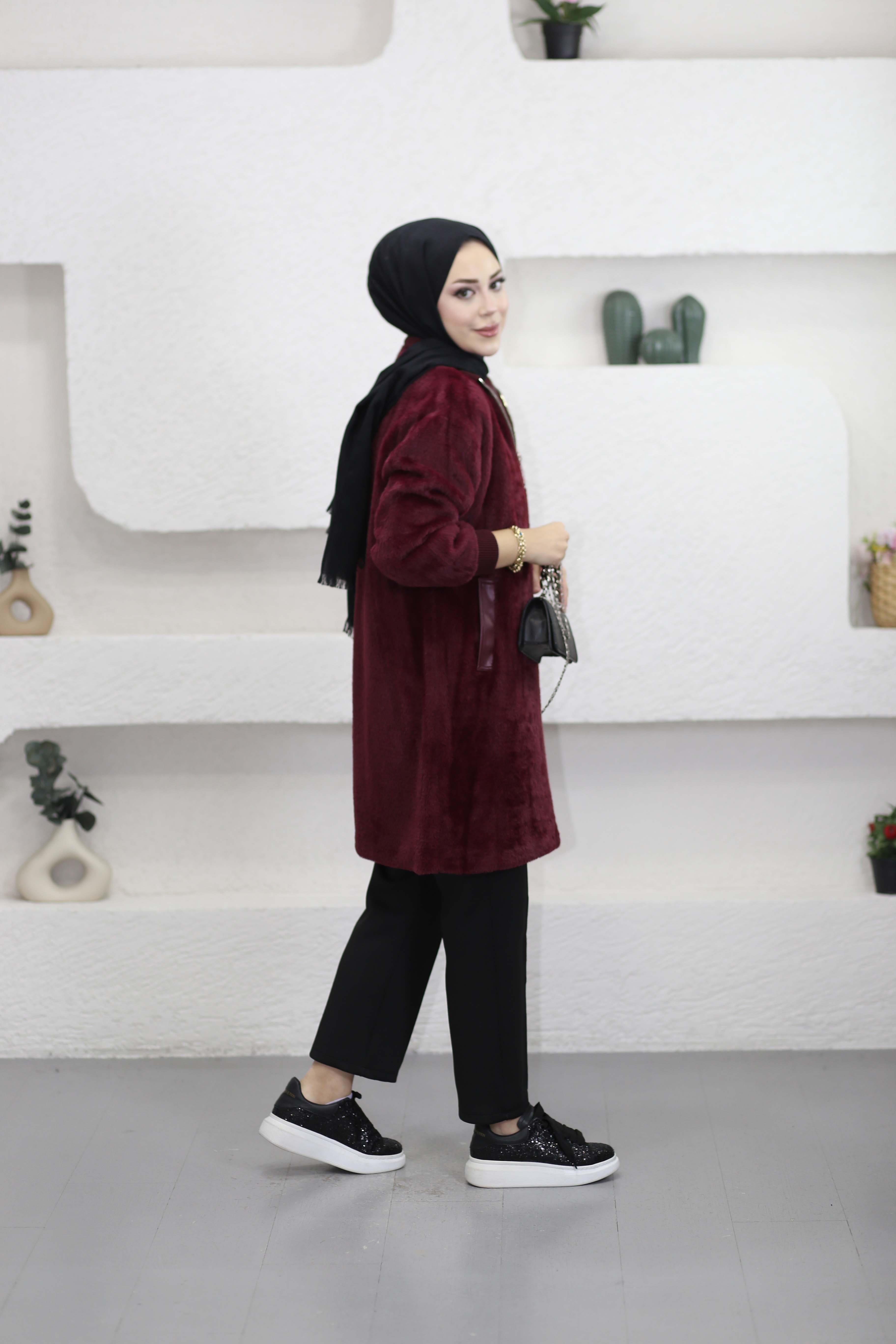 Broşlu Angora Kaban Bordo 1434