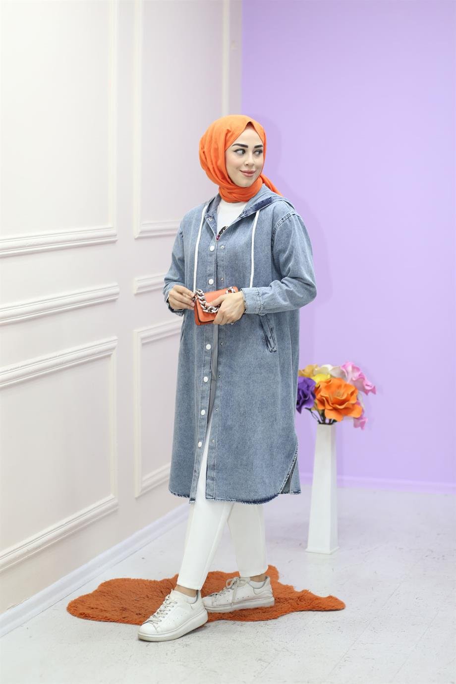 Kapşonlu Denim Kap Açık Mavi 2717