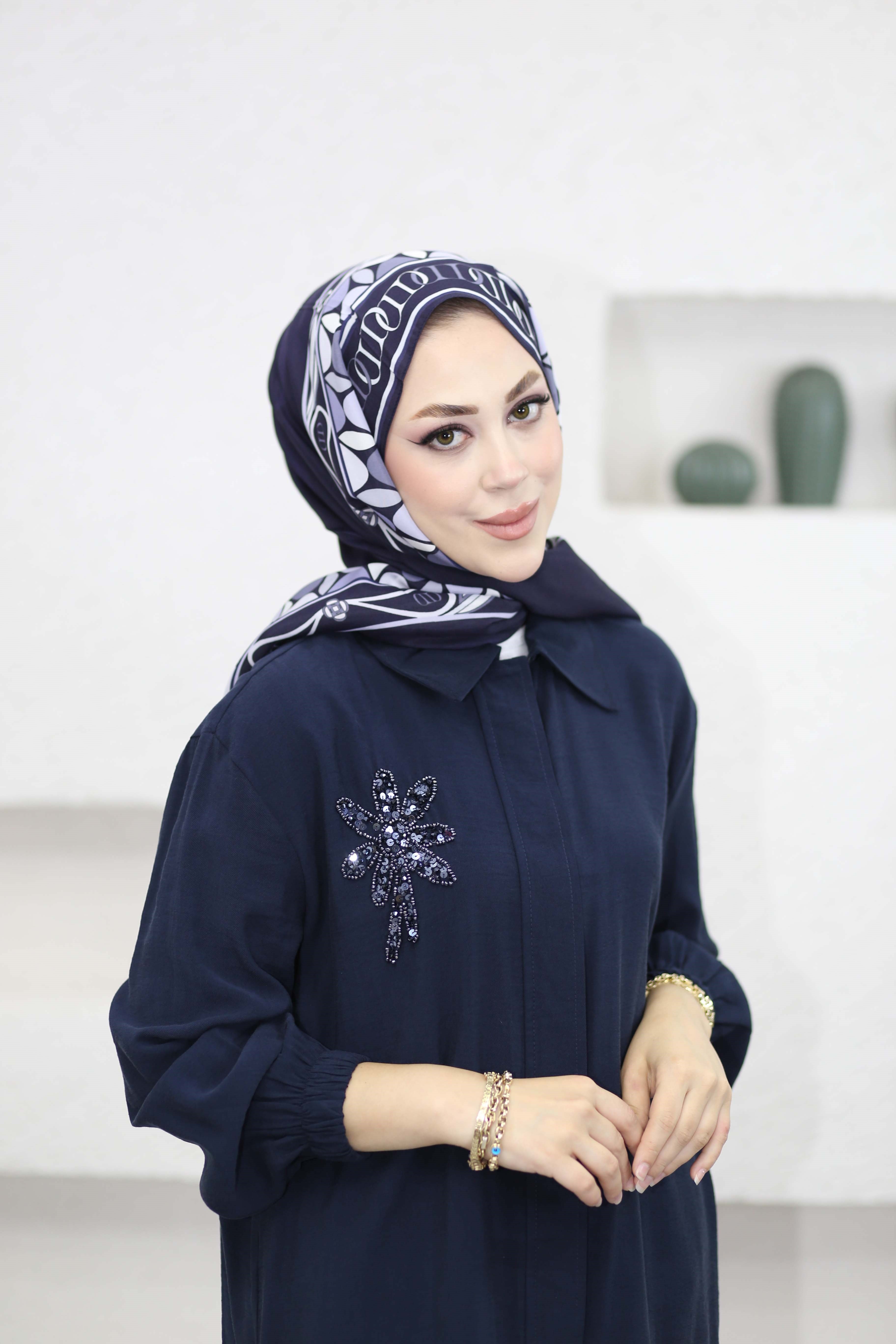 Boncuk Çamlı Tencel Kap Lacivert 7558
