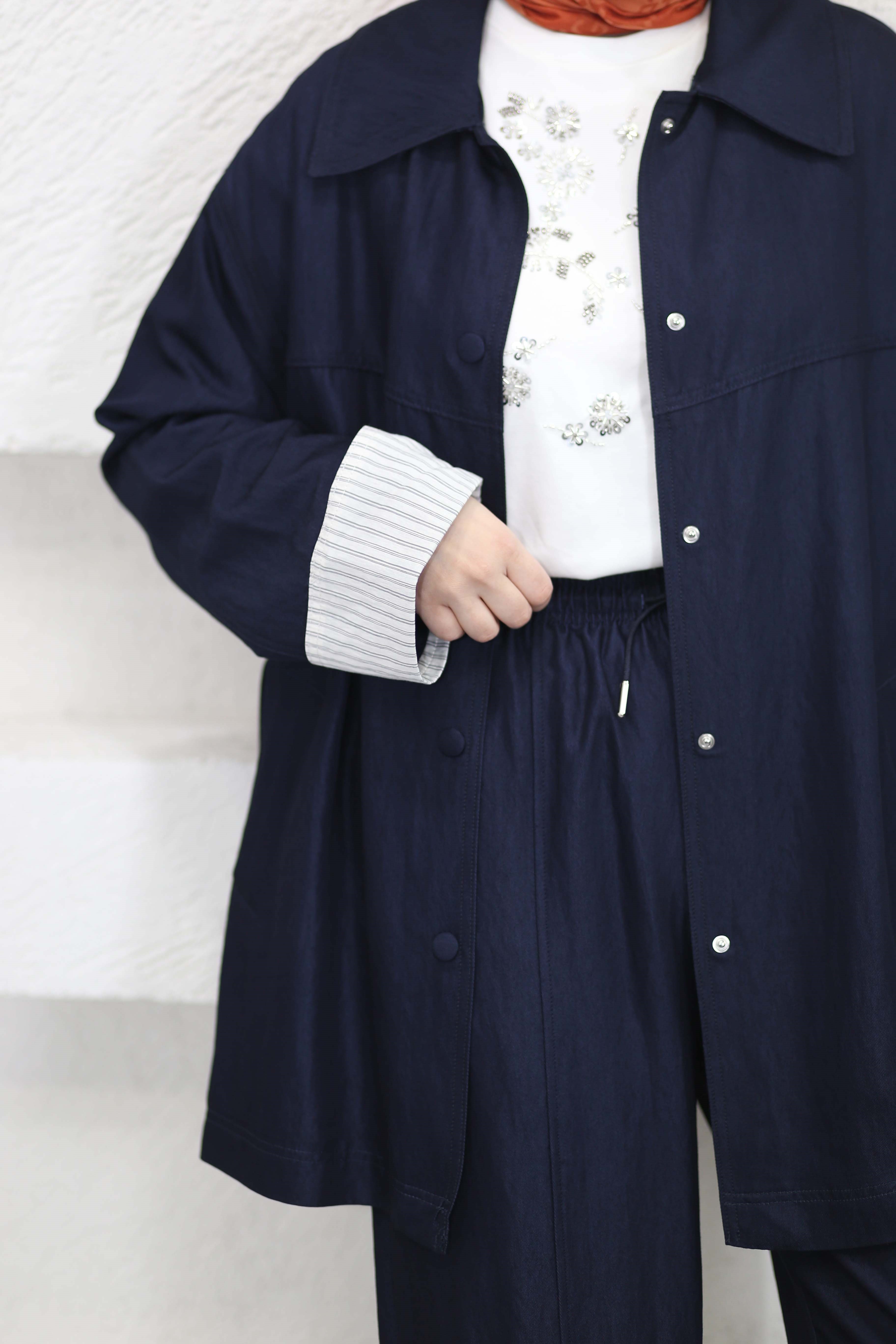 Kolu Garnili Denim Görünümlü Kap Lacivert 36841